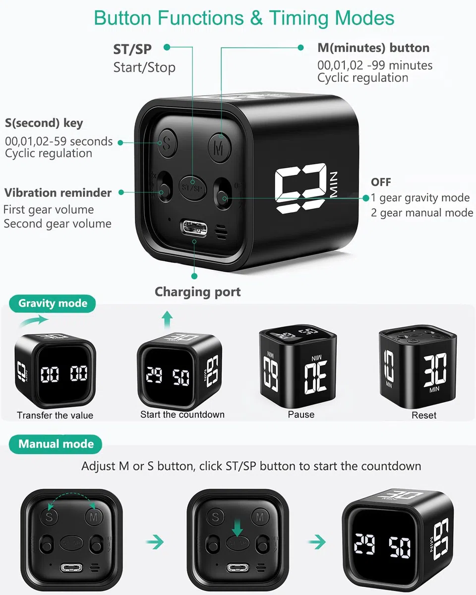 ORIA Temporizador de Cubo, Temporizador de Cocina con Sensor de Gravedad, 5/10/30/60 Minutos y Cuenta Atrás y Adelante Personalizada, Pantalla LED Grande, Volumen de 3 Niveles para Estudio, Trabajo
