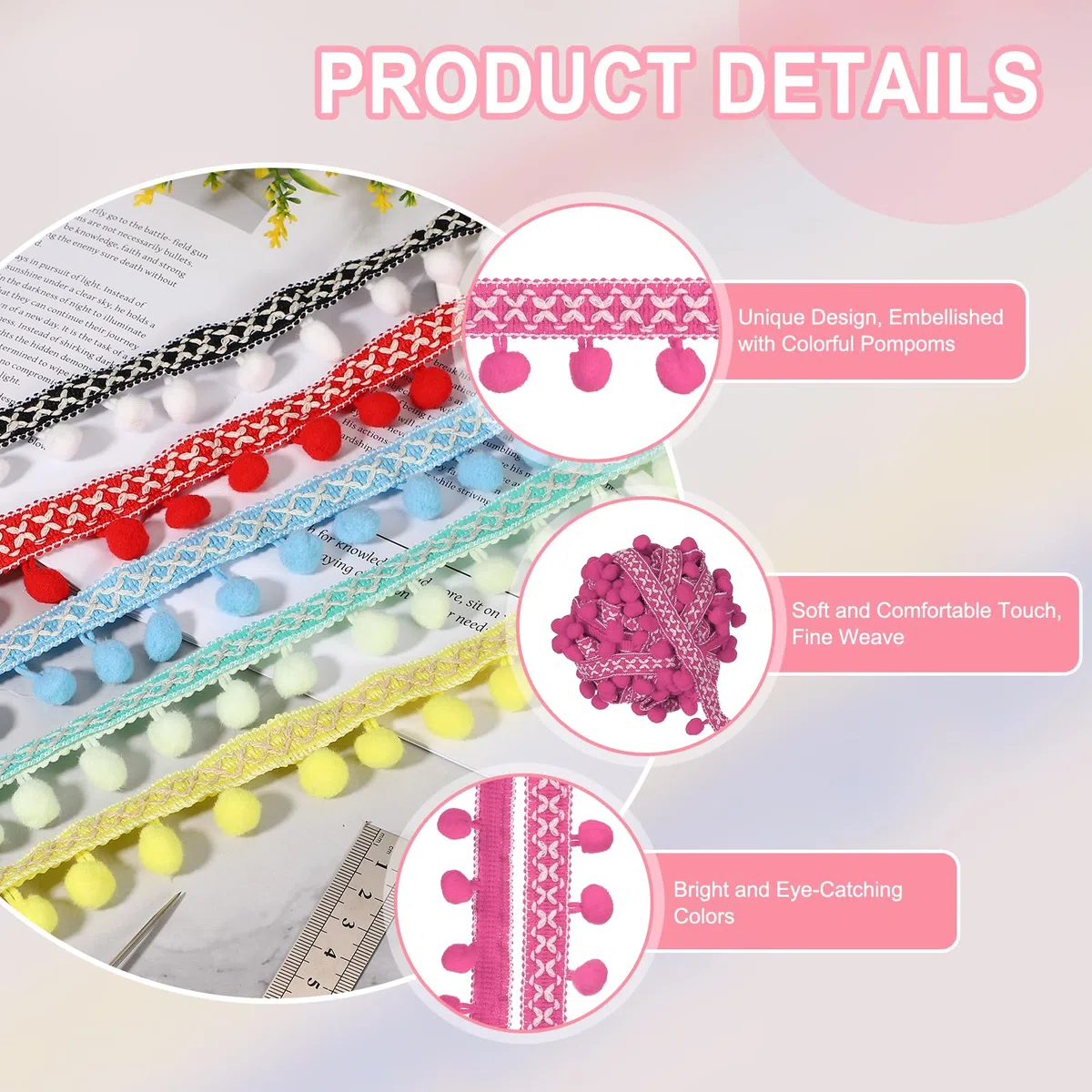 QUARKZMAN 5 Yardas De Fleco De Pompones, Cinta De Guirnalda De 12mm Para Coser Borlas Encaje Para Ropa Cortinas Almohadas Decoración Hogar, Rojo Rosa