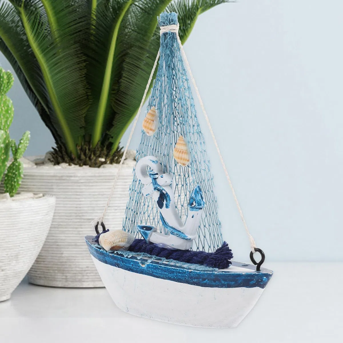 Modelo de Barco de Madera con Red de Pesca, Ancla, Concha náutica, decoración marítima para el hogar, decoración de Mesa