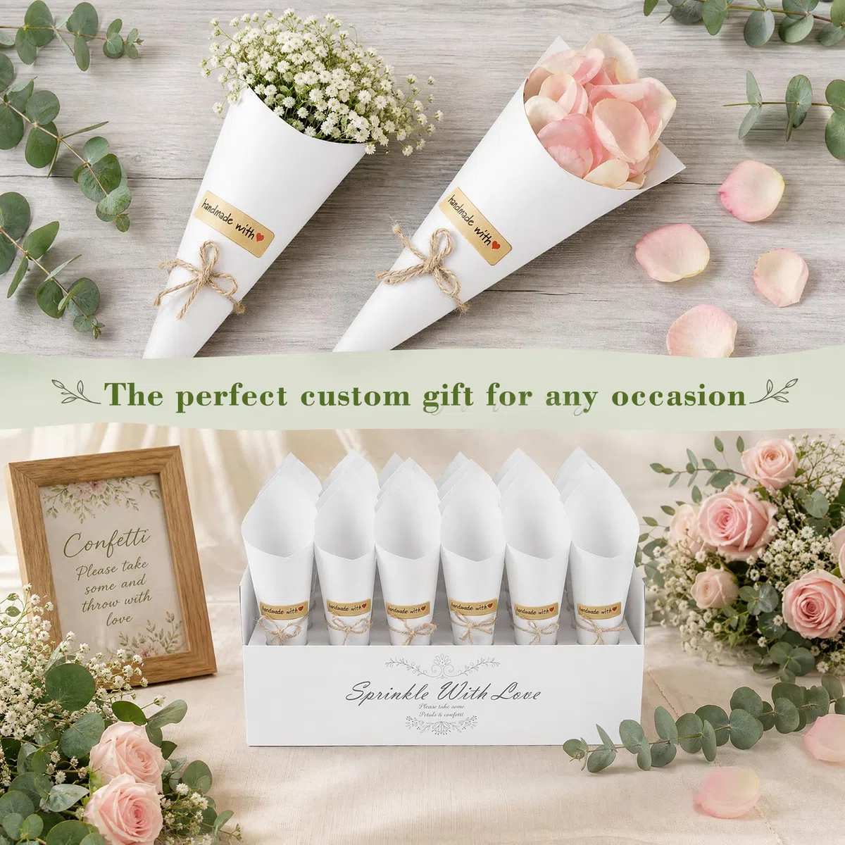 60 Conos Arroz Boda Blancos con 2 Soportes, Cucuruchos de Papel para Pétalos y Confeti, Kit de Conos Boda DIY con Pegatinas y Cuerda para Decoración, Comunión, Mesa Dulce