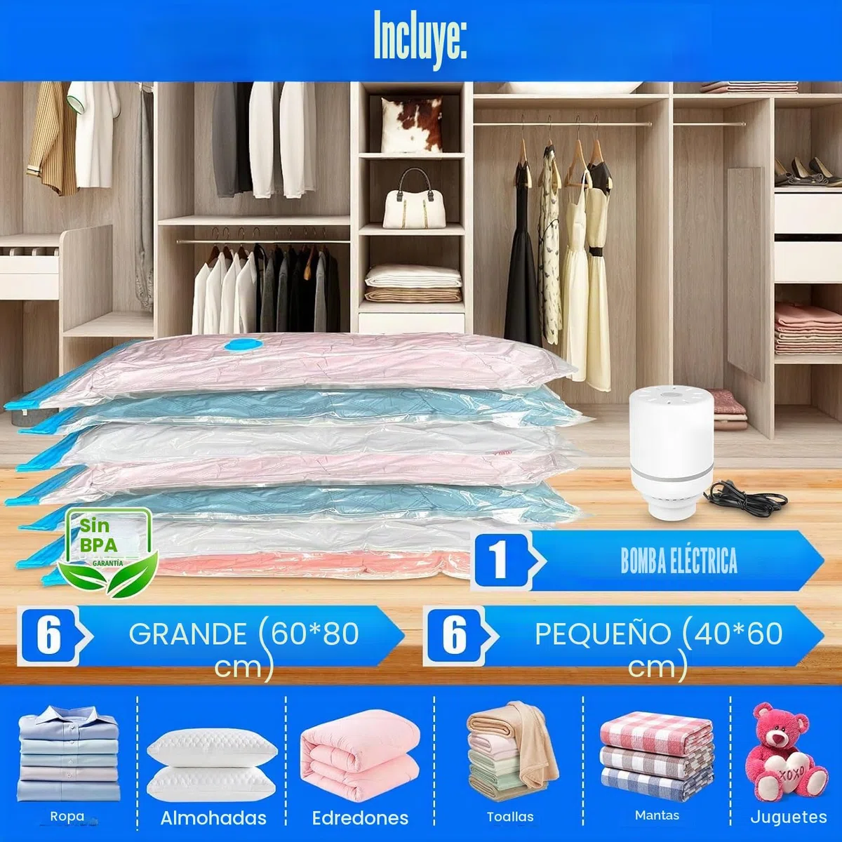 Bolsas de Vacío Ropa 12 Piezas 6L 80x60cm, 6S 60x40cm, con Bomba Eléctrica Portátil, Bolsas de Almacenaje al Vacío, Ahorra Espacio para Guardar Ropa, Edredones, Almohadas, Mantas
