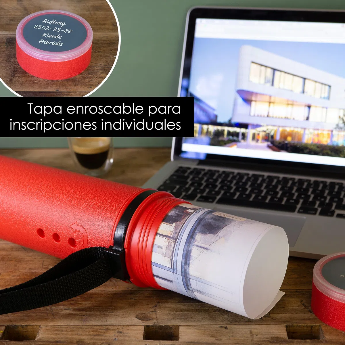 OfficeTree Tubo Portaplanos Plástico Rojo - Para Transporte y Almacenamiento - Tubo para guardar planos - Longitud y Correa de Transporte Extensible - 2 Rotuladores Gratis - Tubo para poster