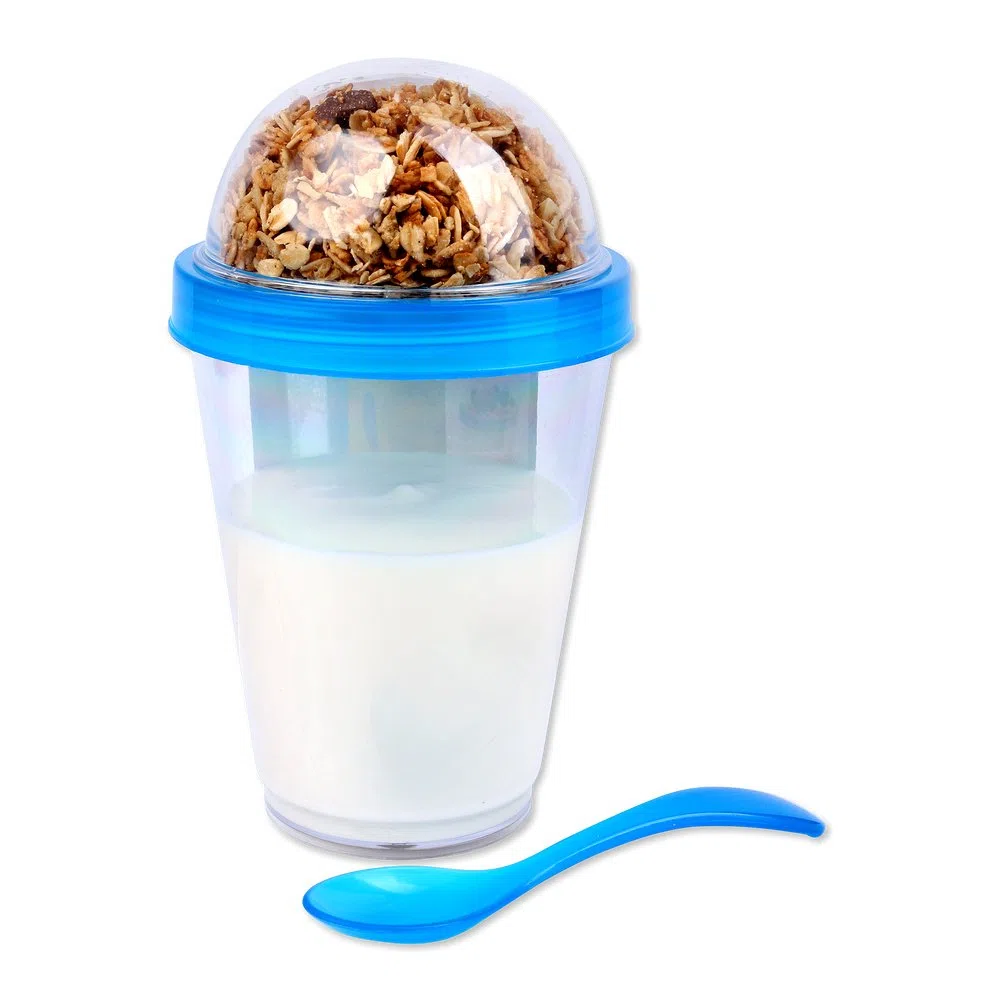 4 vasos de cereales con tapa, varios colores, 4 colores, incluye cuchara y tapa con depósito para cereales