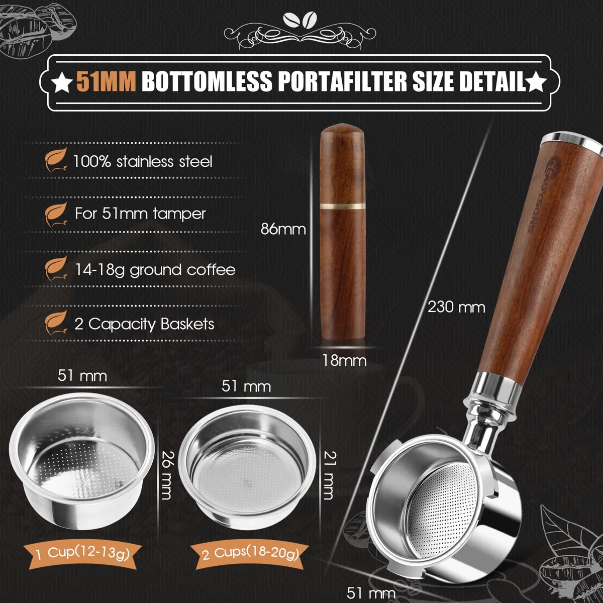 Portafiltro sin fondo de 51 mm – compatible con DeLonghi Dedica EC680/EC685, Portafiltros de 51 mm con 2 filtros de acero inoxidable y agitador de café de 5 agujas – 3 Ears
