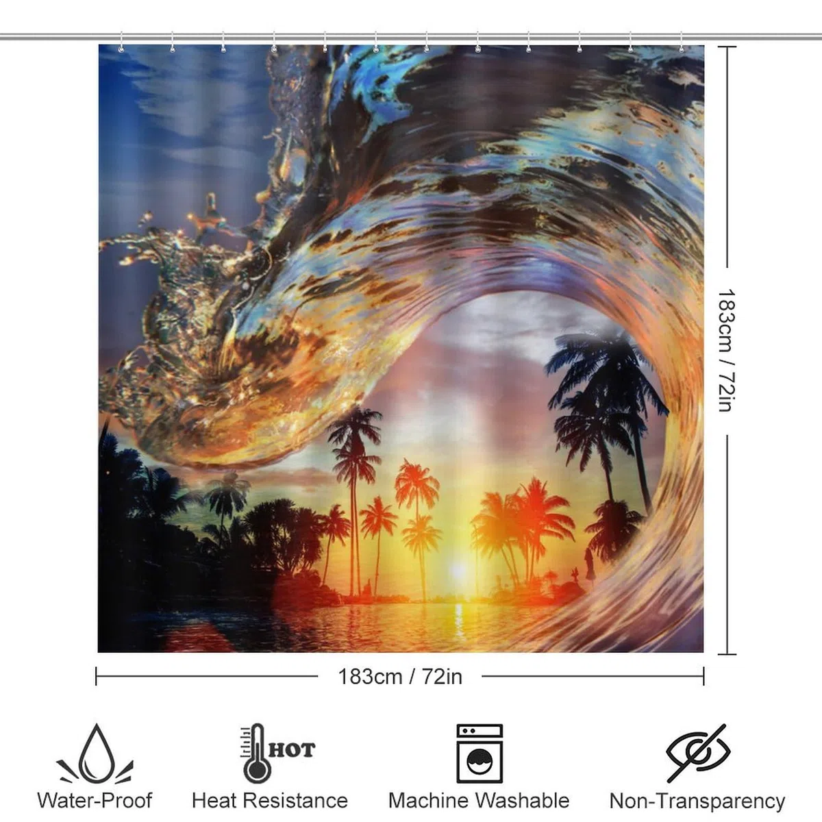 Juego de 4 cortinas de ducha impermeables con temática de surf oceánico, playa, palmeras, puesta de sol, olas con cubierta de inodoro impermeable, alfombra de ducha, 183 x 183 cm