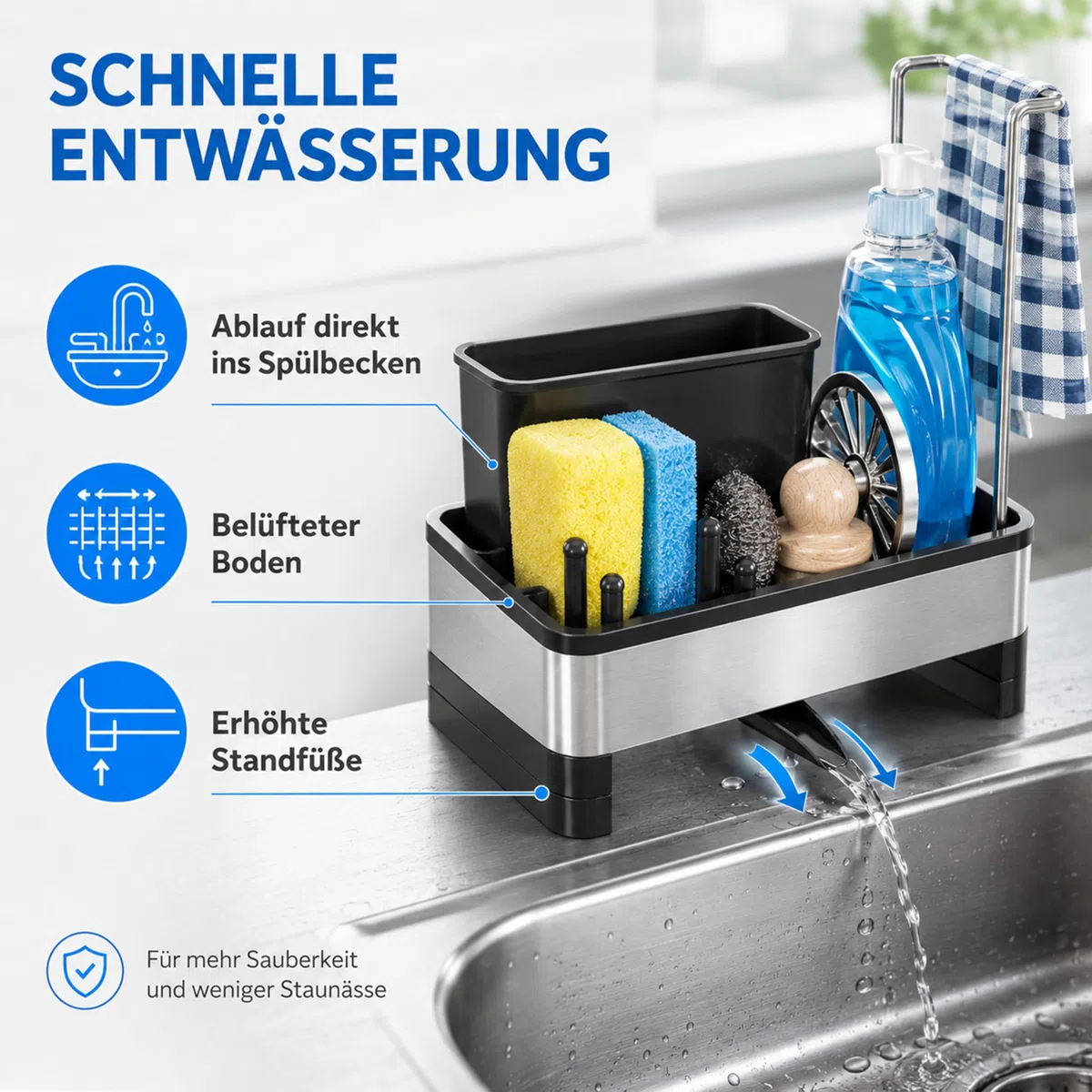 URMONA Organizador de Fregadero en Acero Inoxidable con Bandeja de Drenaje Automático, Porta Esponjas y Cepillos, Soporte para Utensilios de Limpieza (Gris)