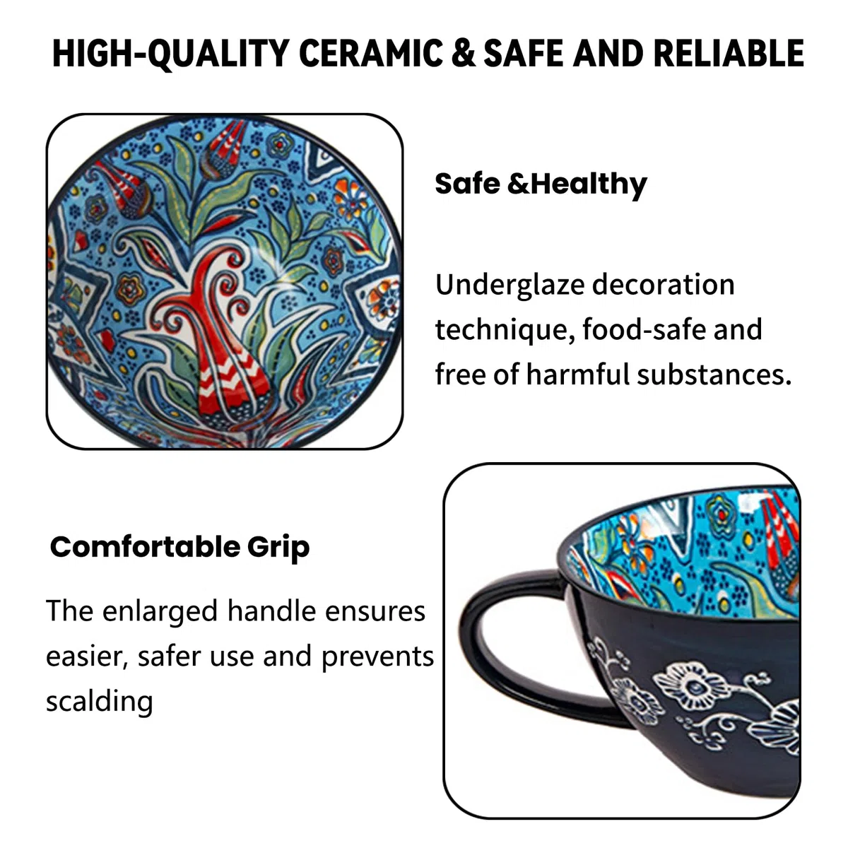 Taza de Sopa de Cerámica 400 ml con Asa, Cuenco de Sopa de Cerámica Pintado a Mano, Resistente al Horno y Microondas - Para Desayuno, Muesli, Postre, Leche, Frutas y Ensalada (GLD)