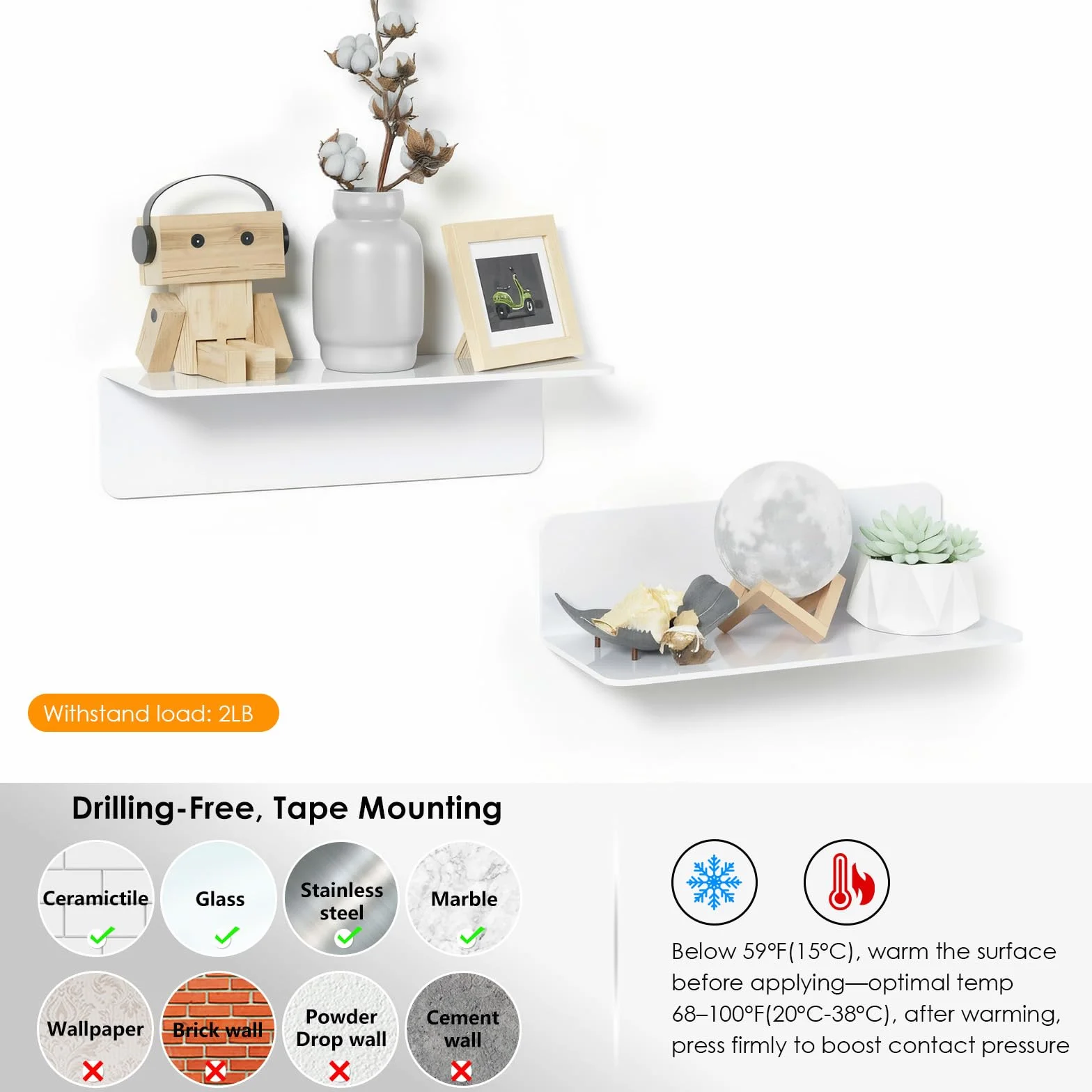 OAPRIRE Estanteria Pared Blanca Juego de 2, 23cm Baldas Pared Sin Agujeros de Acrílico con Clips Cables para Dormitorio, Baño, Cocina, Sala de Estar, Oficina, Amplíe Fácilmente El Espacio de la Pared