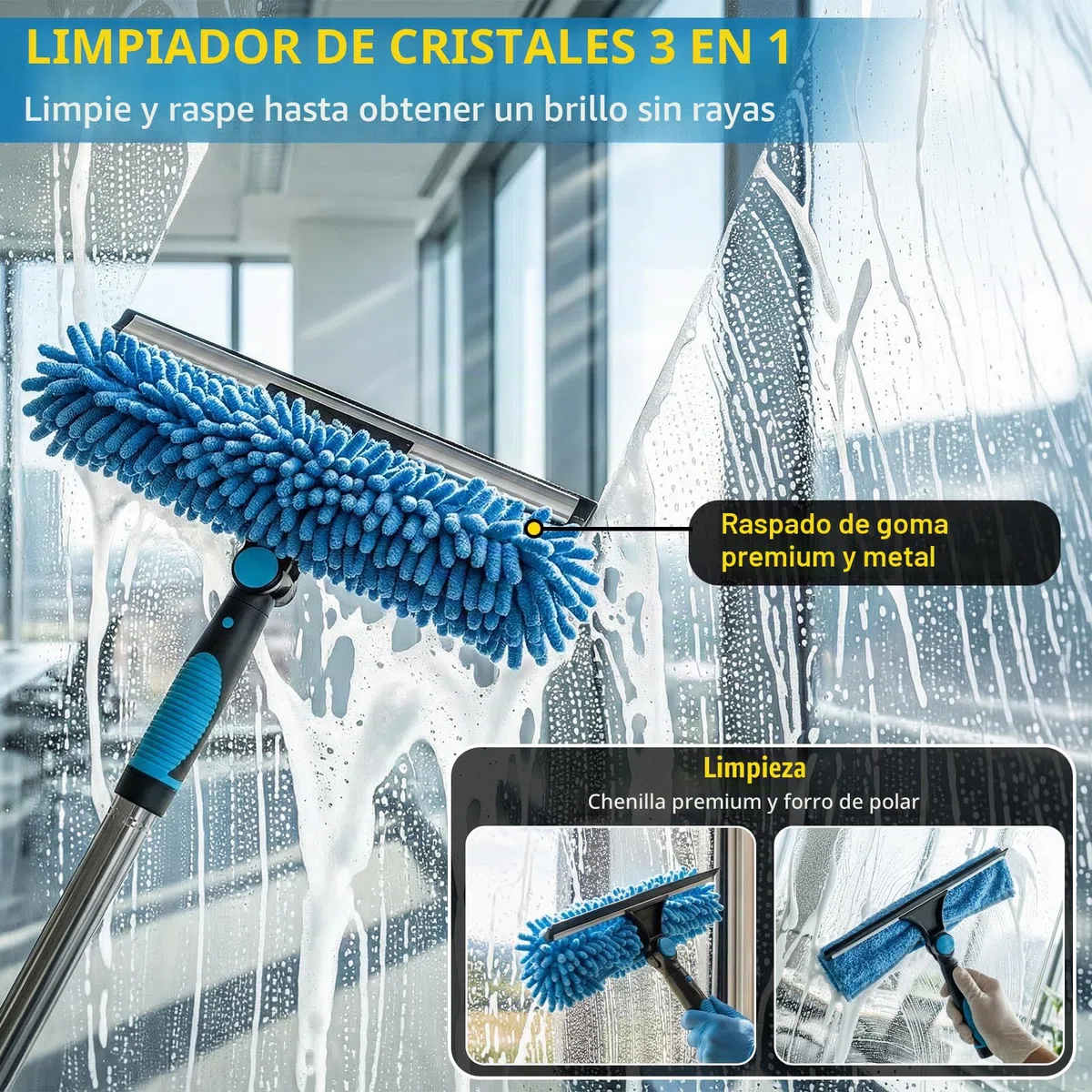 Set de equipo de limpieza de ventanas incluye limpiador de 200 ml y escobilla limpiacristales 2 en 1 con poste de limpieza extensible de 195 cm, kit de limpieza de ventanas sin dejar marcas para