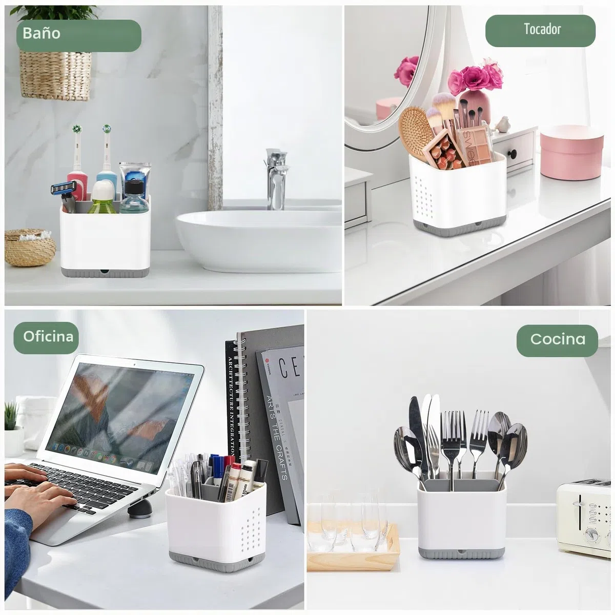 Portacepillos de dientes de plástico antideslizante Portacepillos de dientes para cepillo eléctrico con 4 ranuras para el baño, Organizador de cepillos de dientes extraíble Gris con desagüe para