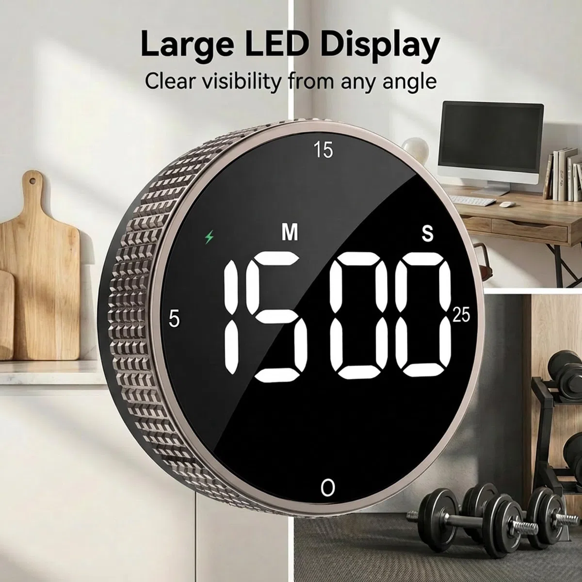 Temporizador de cocina digital magnético recargable con pantalla LED grande, alarma fuerte, 3 ajustes preestablecidos (5/15/25 min), 3 niveles de volumen, ideal para cocina, fitness y oficina (Marrón)