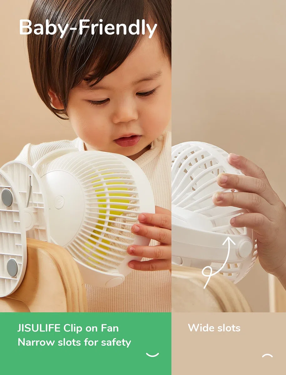 JISULIFE Mini Ventilador USB Pinza, Portatil Ventilador Potente Clip, 4000mAh Batería Recargable, 4 Velocidades, Máx 14 horas, Ventilador Pequeño y Silencioso Mesa para Cama, Cochecito de Bebé-Blanco