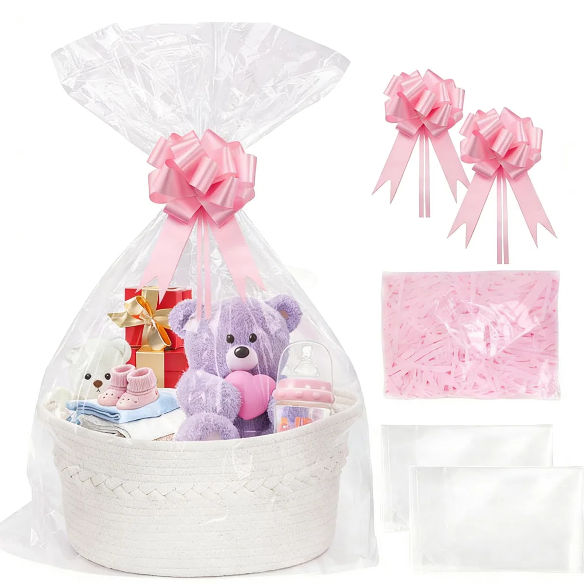 SelfTek Kit de Cesta de Regalo Con Bolsas de Celofán, Rafia y Lazos Tejidos - Cesta de Almacenamiento Vacía Para Baby Shower, Boda, Cumpleaños - 33 x 24 x 15 cm