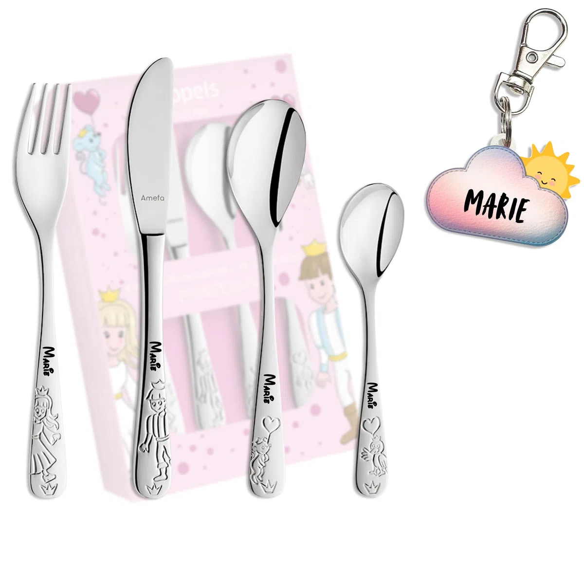 Cubiertos personalizados para niños con grabado - 5 piezas - con nombre - tema princesa - con incluido CACHITO GRATIS para mochila - regalo para bautizo, cumpleaños
