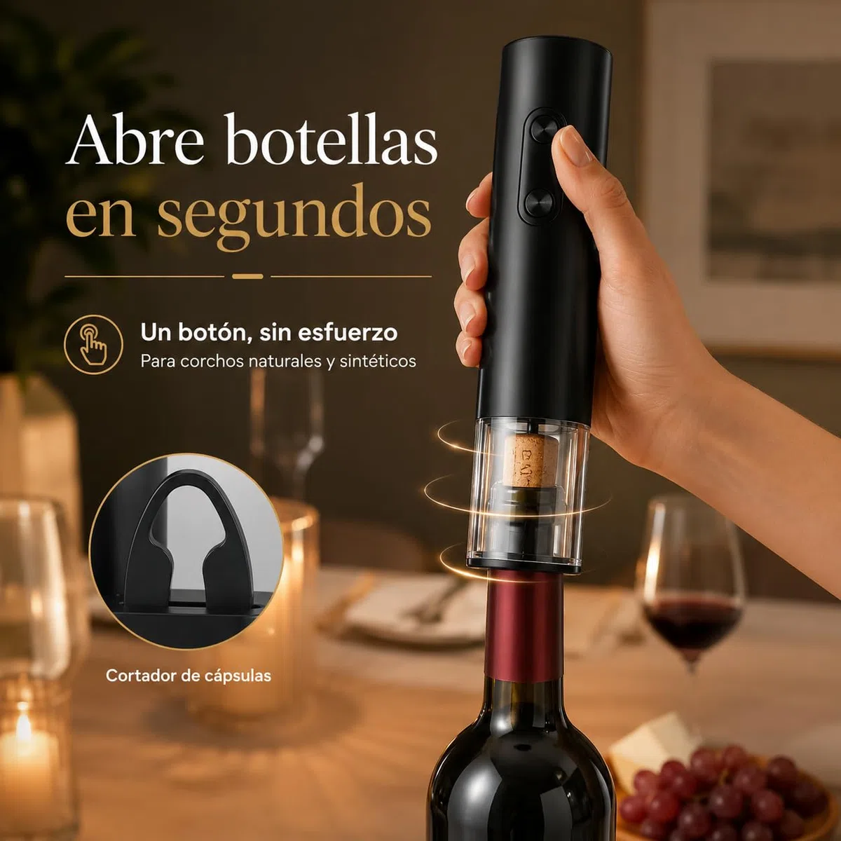 Sacacorchos Eléctrico a Pilas 5 en 1, Abrebotellas de Vino Automático con Cortacápsulas, Vertedor, Tapón al Vacío y Base, para Botellas de Corcho Natural y Sintético, Negro