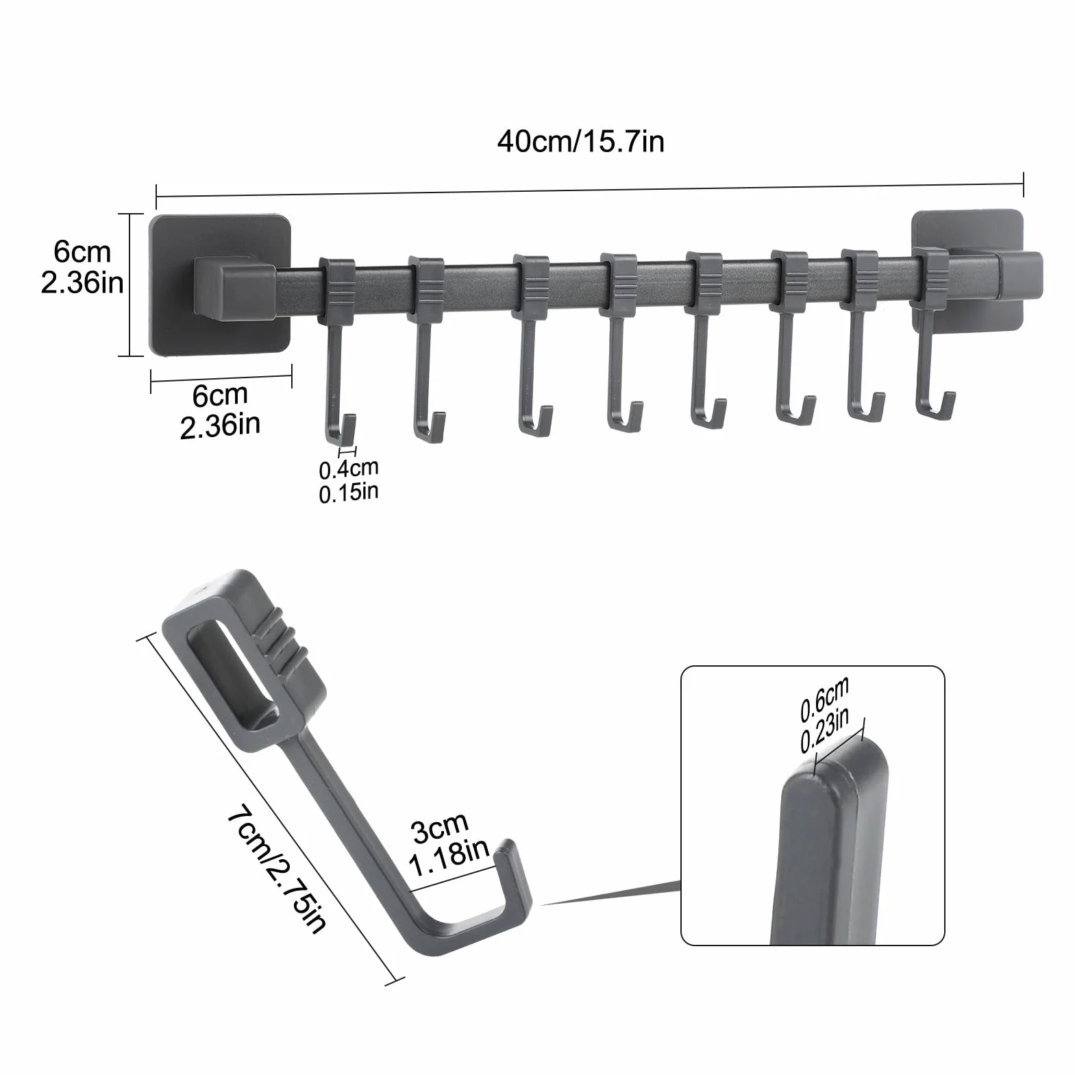 wenrescry Barra de Ganchos Cocina Autoadhesiva (8 Ganchos) – Sin Taladros, Soporta hasta 5kg, para Utensilios, Ollas Pequeñas, Organizador de Pared Negro