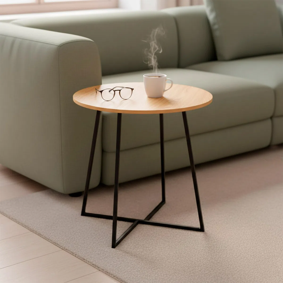 AKTIVE MAX Home Mesa Auxiliar de Madera, 40x40 cm, Peso máximo soportado 5 kg, Efecto Roble, Estructura metálica Negra, Patas en Cruz, Decoración salón, Comedor, Cocina (18505)