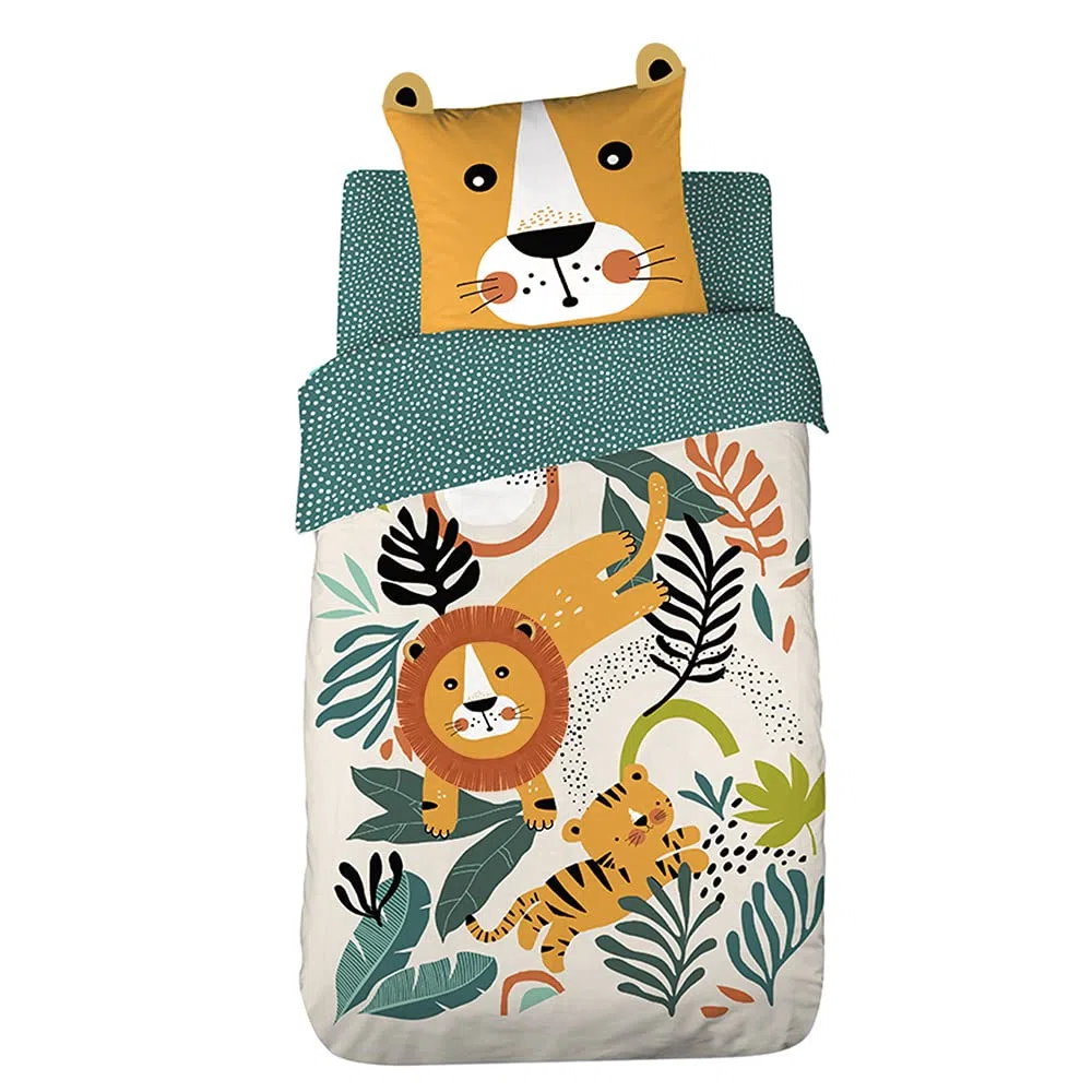 CÔTE DECO Juego de cama infantil reversible, león, verde y amarillo, funda nórdica de 140 x 200 cm y 1 funda de almohada de 63 x 63 cm, 100% algodón