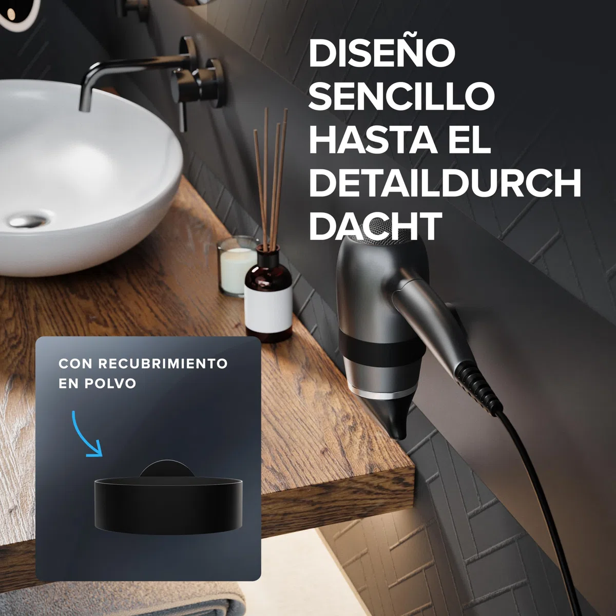 ovimar soporte para secador de pelo Kvitoya | acero inoxidable | negro mate | con fijación mural para taladrar | con almohadilla para secador de pelo | para taladrar | soporte para secador de pelo