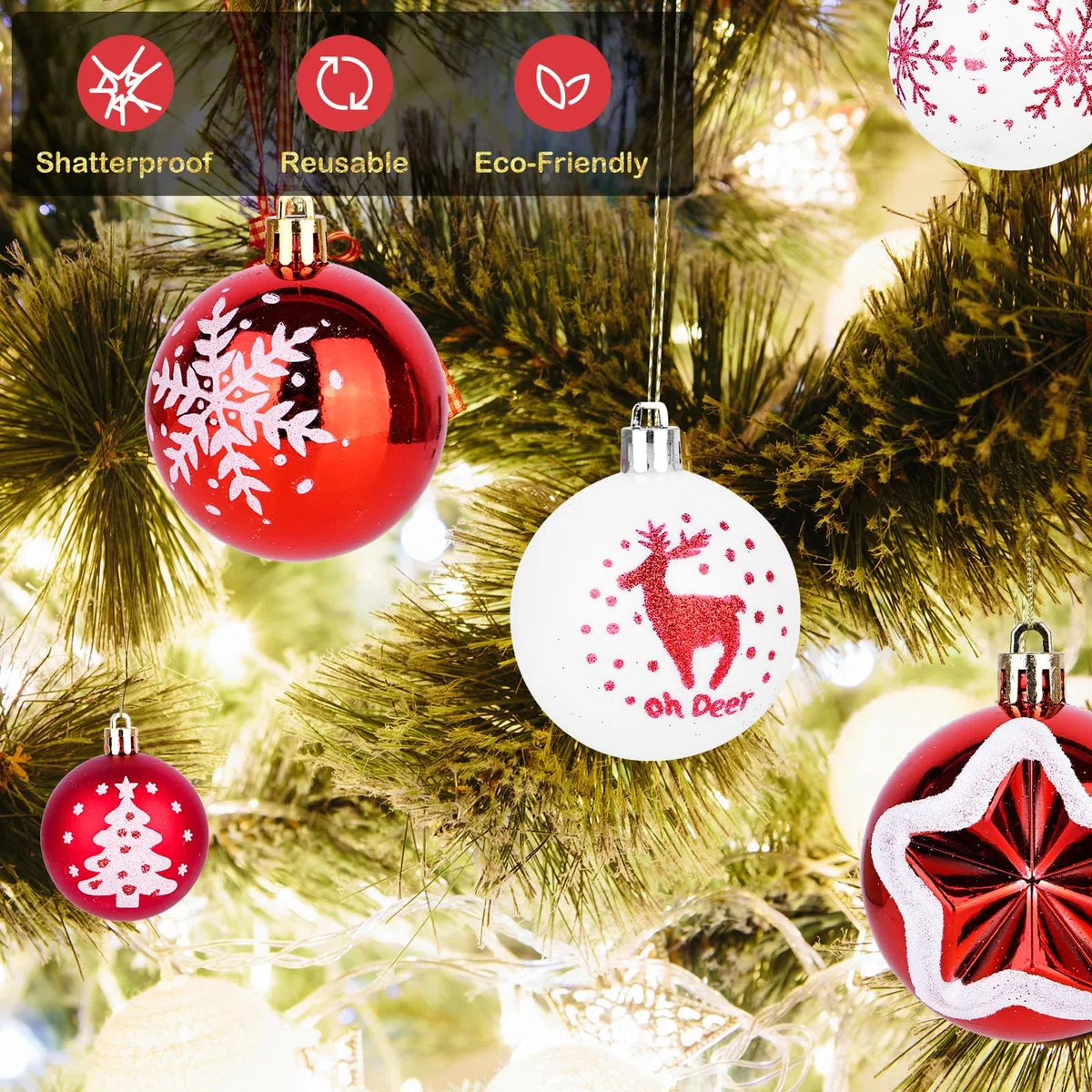 Juego de 12 bolas de Navidad de plástico brillantes, adornos para árbol con ganchos, 6 cm
