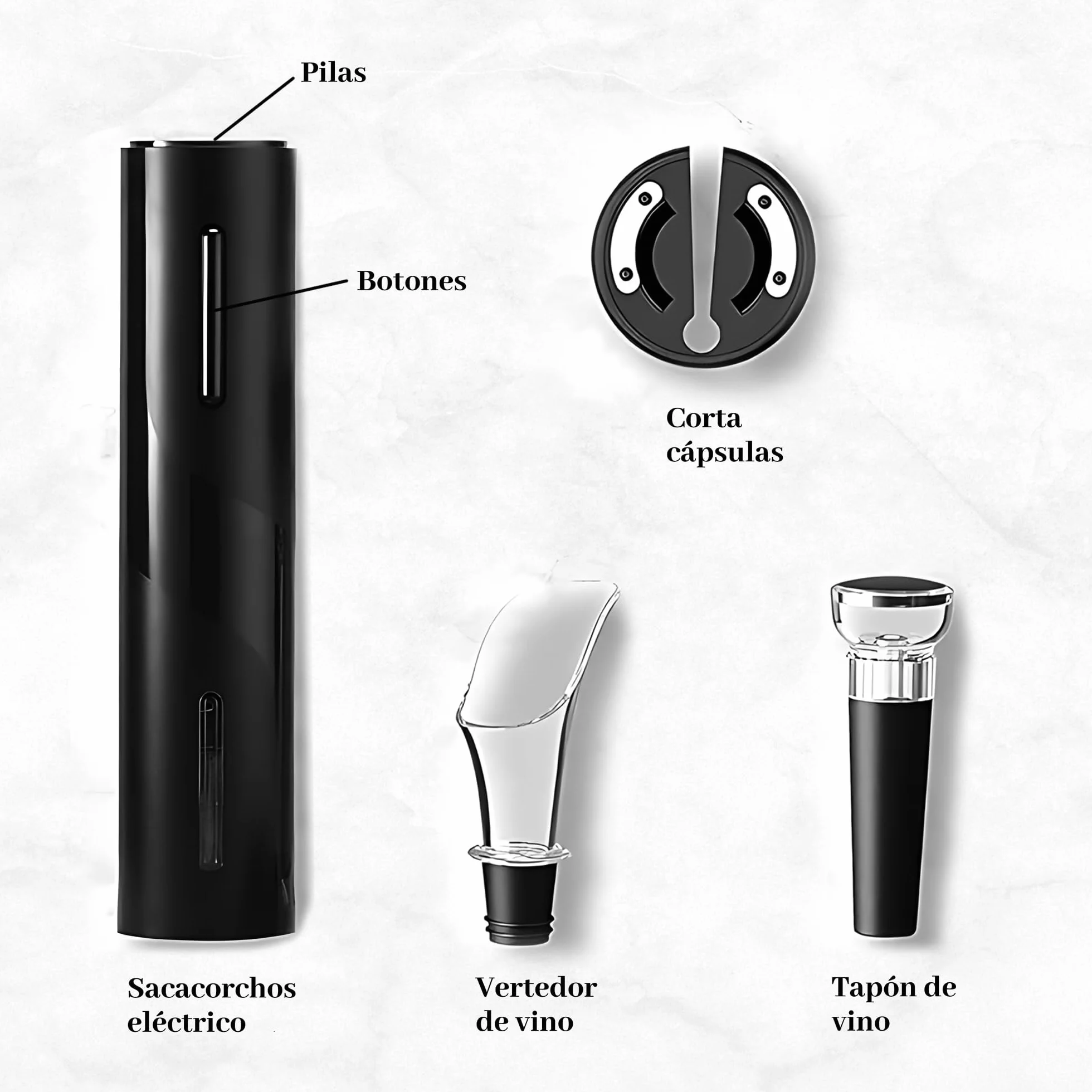 Juego de Sacacorchos eléctrico con corta cápsulas, vertedor y tapón de vino - Regalos originales