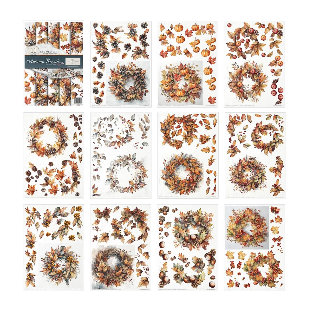 ITD Collection - Papel de arroz Decopatch - Decoupage - Papel de diseño para decoupage - Hojas de papel de arroz - A4 29,7 x 21 cm - Autumn Wreath - RP-076