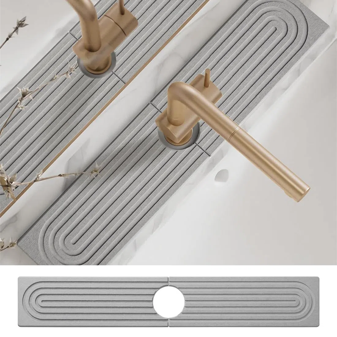 Alfombrilla de Grifo para Fregadero Cocina, 60x10cm Protector Salpicaduras de Diatomea, Protector Contra Mueble Fregadero Absorbente para Encimeras y Baños Mango de Grifo Alrededor (L Gris)