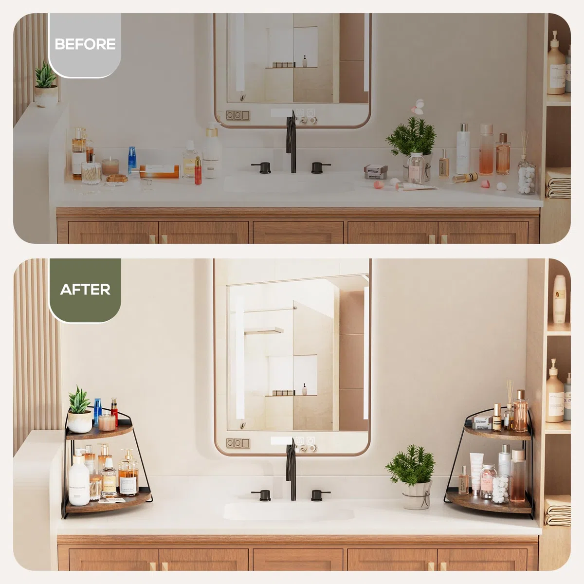 Puricon Organizador Esquina 2 Niveles，Estantería de Almacenamiento para Baño,Salón y Habitación,Organizador de Cosméticos,Perfumes y Aromas,Estante Multiusos Resistente a la Humedad- Marrón