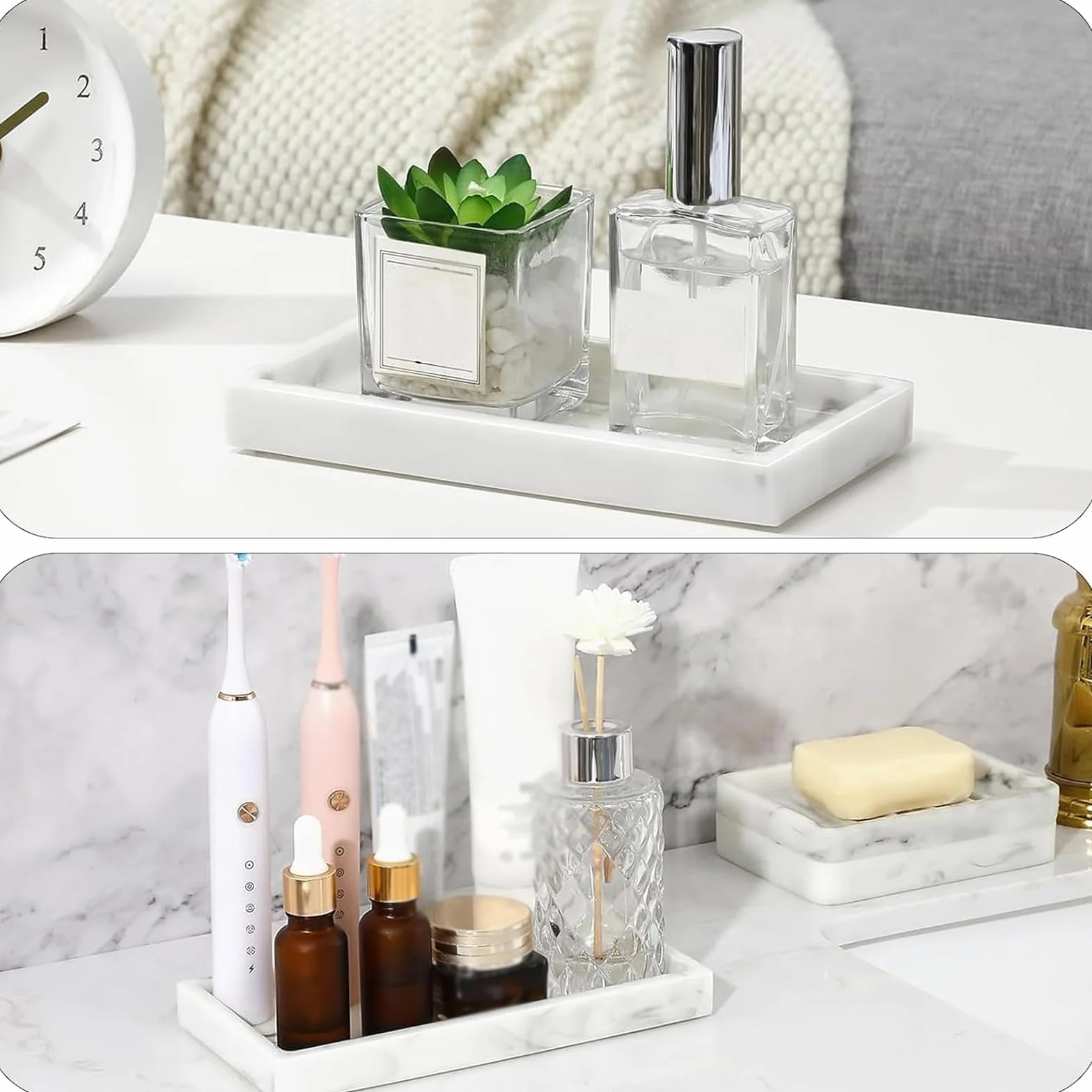 2 Piezas Bandeja de baño de Silicona - Elegante Efecto mármol, 20 x 10 cm Bandeja Rectangular, Bonita y fácil de Limpiar