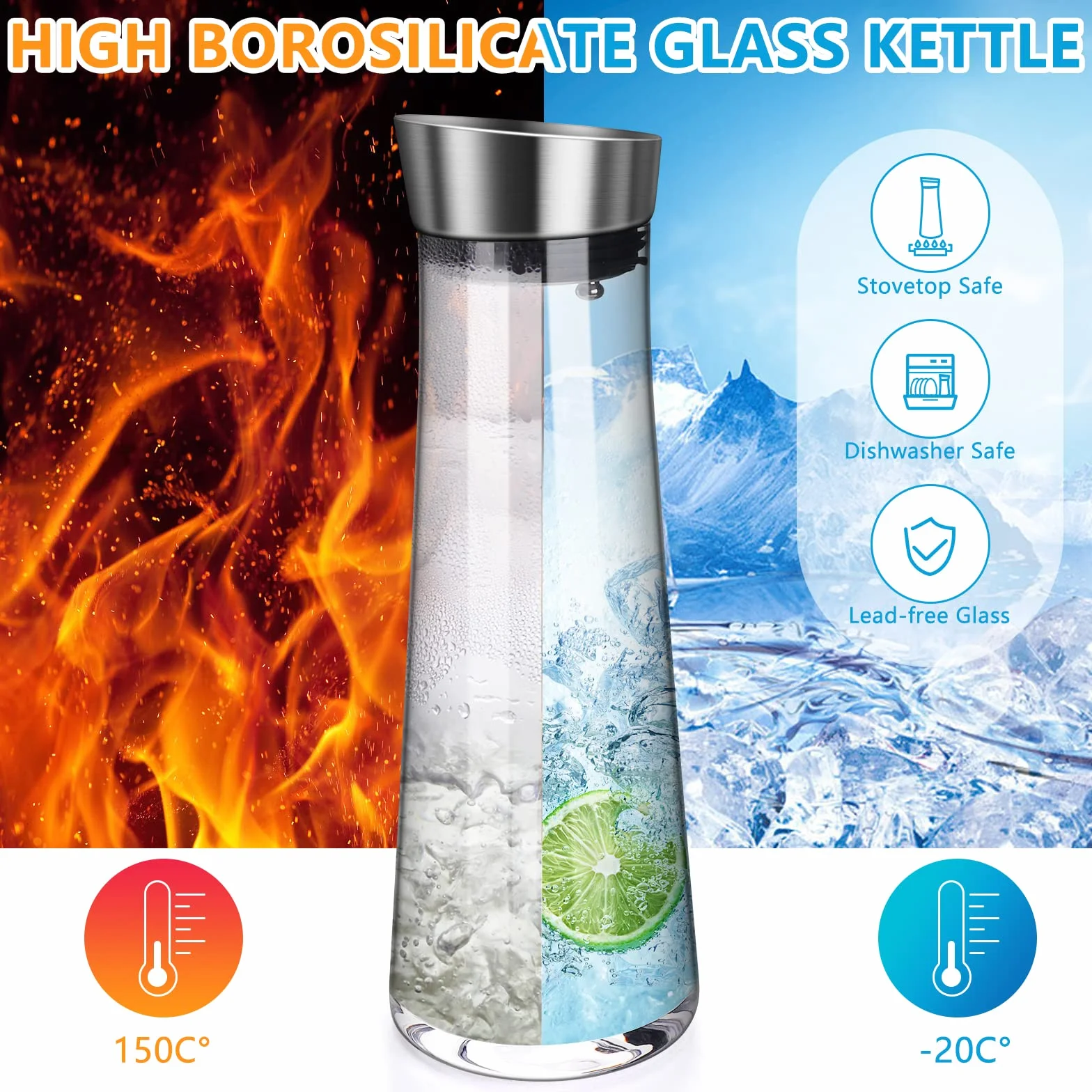 Jarra de vidrio de 1 litro con tapa de acero inoxidable, resistente a los borosilicatos para agua, leche, jugo y limonada