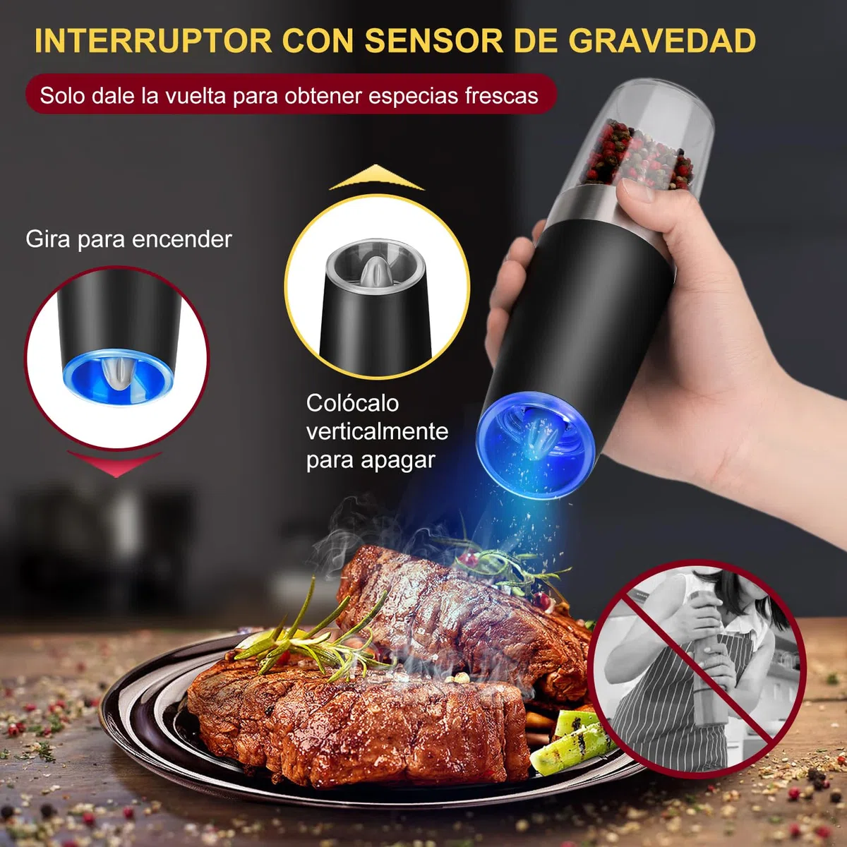 Molinillo Pimienta, Hotec Molinillos Eléctricos de Pimienta y Sal, 9 oz de Alta Capacidad, Funciona con Pilas AAA con Sensor de Gravedad, 6 Niveles de Molienda e Indicador LED,Juego de 2