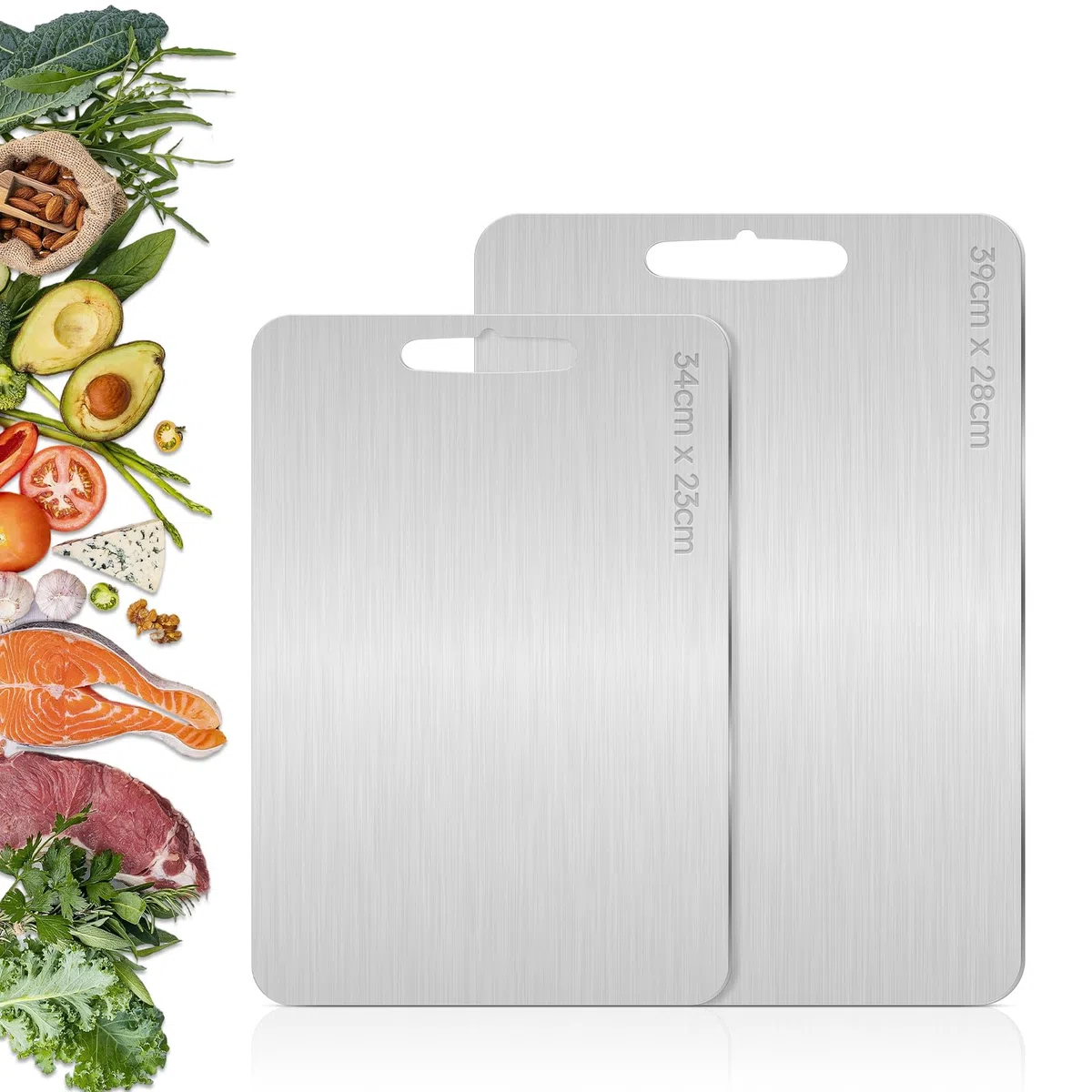 2 Piezas Tabla de Cortar de Titanio, Cutting Board de Grado Alimenticio de Doble Cara, tabla de cortar acero inoxidable, para Cortar, Carne, Verdura, Frutas(39 * 28cm+34 * 23cm)