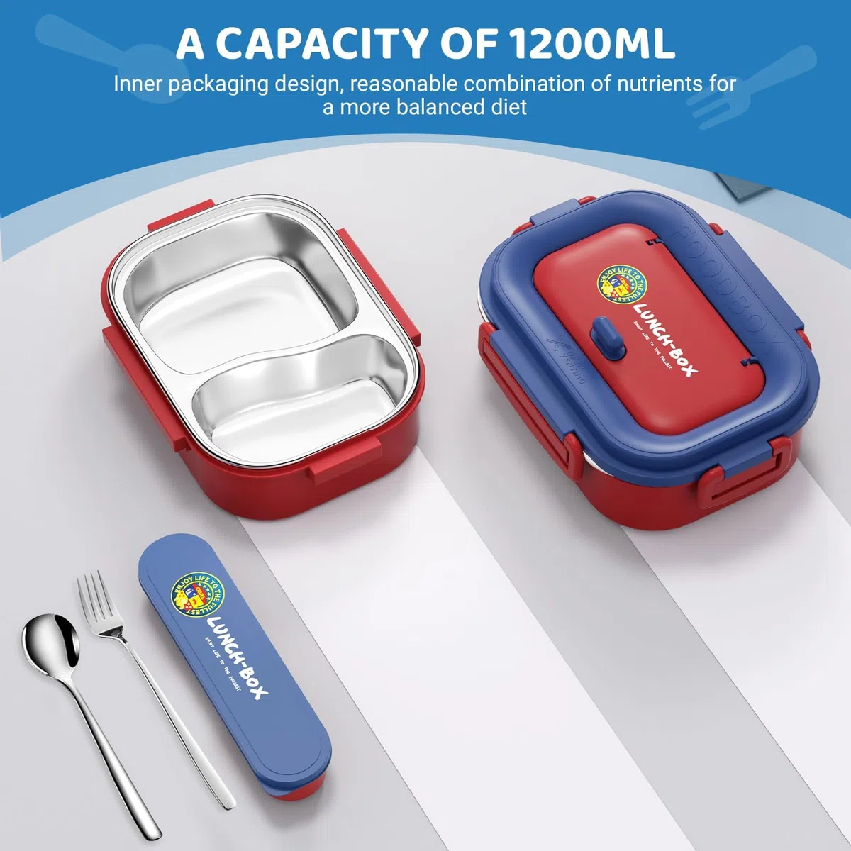 Fiambrera De Acero Inoxidable,Fiambrera Campus,Bento Box para Niños,Lonchera con Compartimento y Tenedor, con Cierre de Clip, De Fugas 1200ml,Para Adultos Y Niños