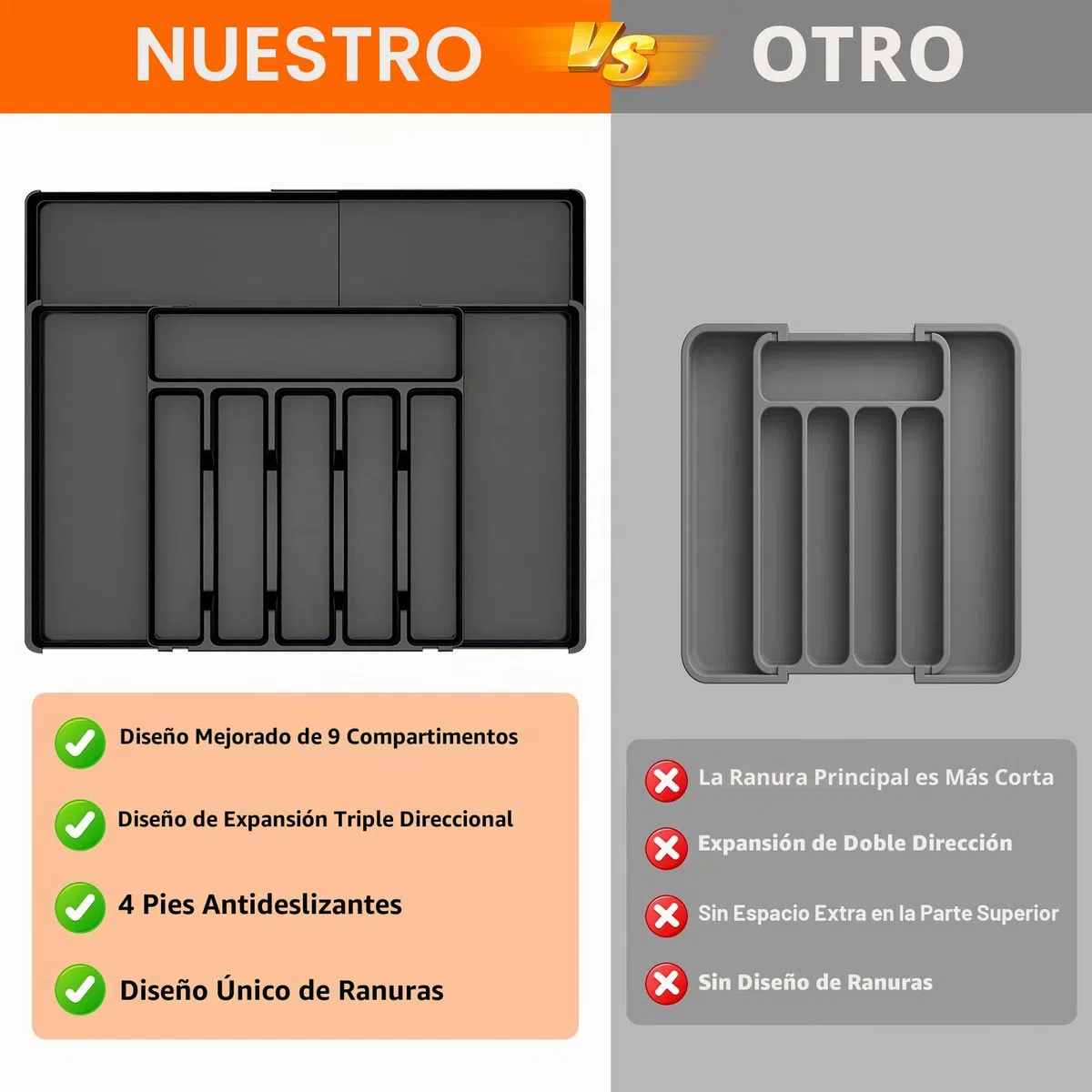 Organizador de Cubiertos, Organizador Cubiertos Expandible Para Cajon Con 10 Compartimentos, Bandeja Cuberteros para Cajon Cocina, Compacto para Cucharas Tenedores Cuchillos