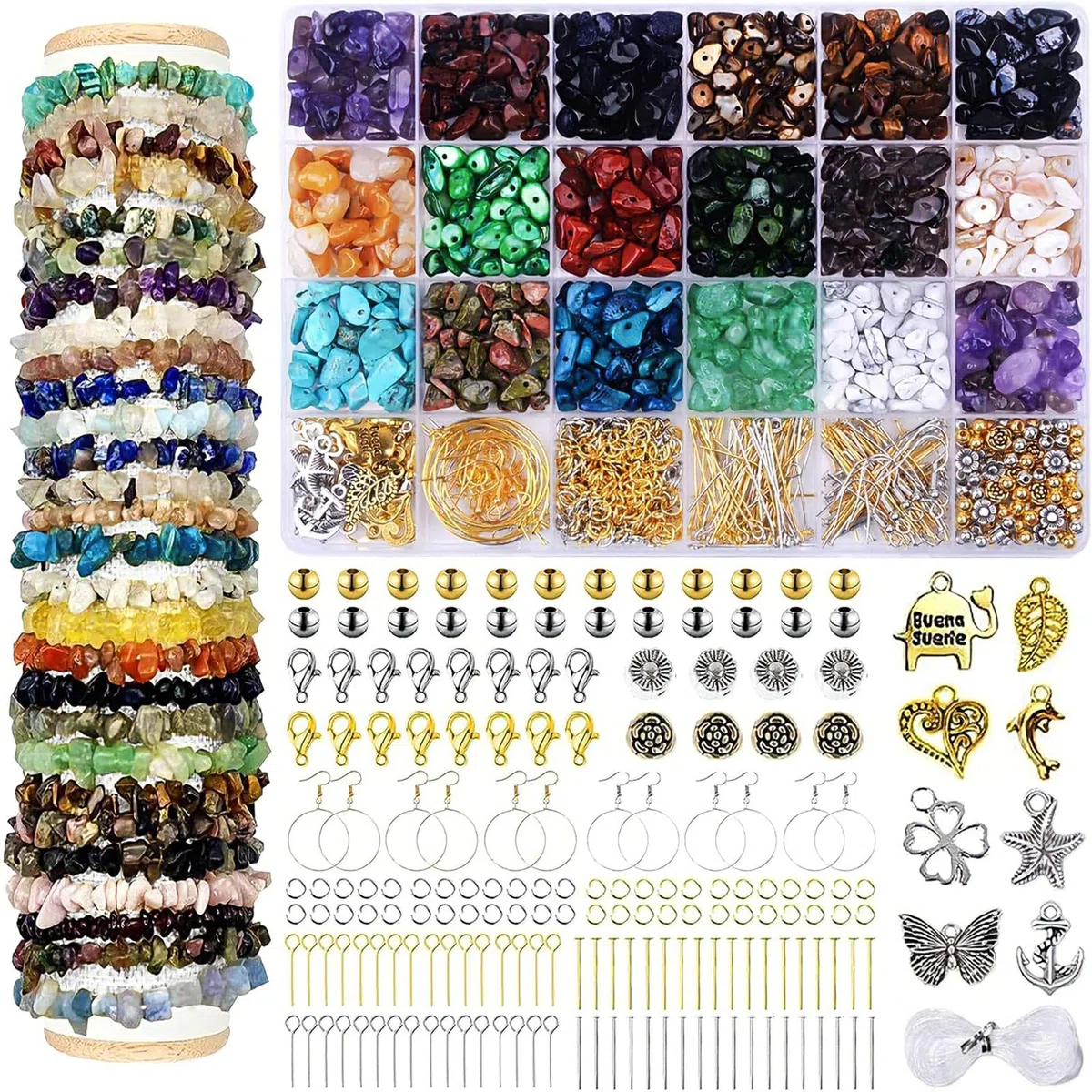 Juego de cuentas de piedras preciosas naturales de 5 a 8 mm, 1180 cuentas irregulares de piedra natural con agujero, juego de manualidades para pulseras, collares, pendientes y anillos para enhebrar