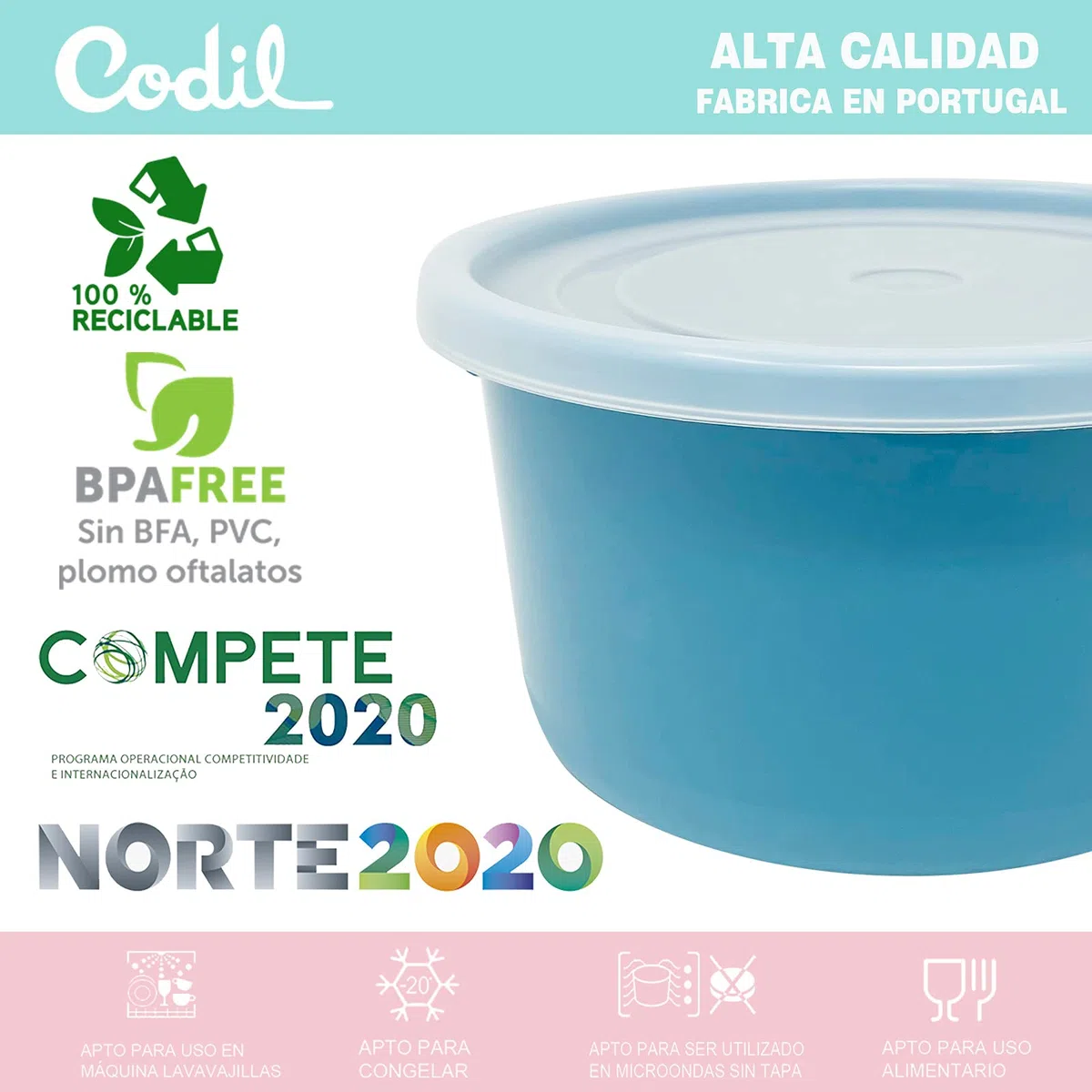 Codil - Juego de envases de plástico de grado alimenticio, redondos, reutilizables sin BPA, con tapa, para microondas y congelador, color rosa verde y azul, 12 x 0,3 l