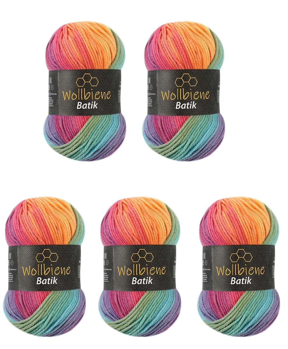 Wollbiene Batik 5040 - Ovillos de lana para tejer (5 unidades, 100 g, 500 g), multicolor con degradado, multicolor