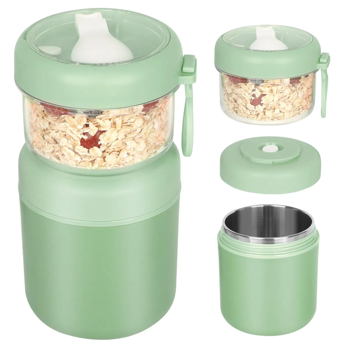 Tazón grande de acero inoxidable para cereales para llevar, taza de yogur 530 ml + 330 ml Tazón de almuerzo portátil a prueba de fugas para cereales, yogur, ensalada, arroz y avena (Verde)