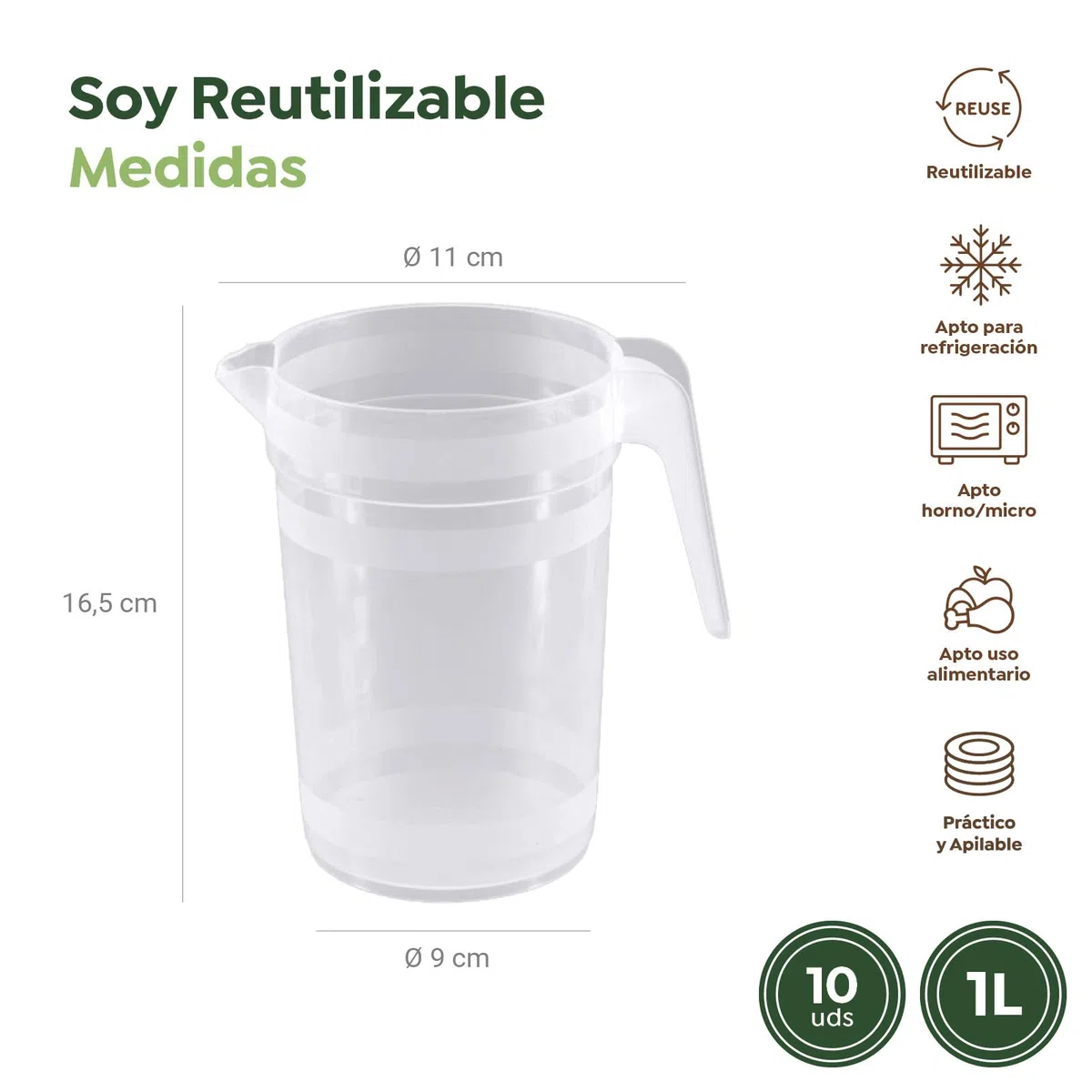 MAXI PRODUTS - 10 Unidades Jarra Plástico 1 Litro - Plástico (PP) Transparente - Reciclable y Reutilizable - Asa Irrompible - Gazpacho - Sangría - Cerveza - Limonada - ESPECIAL HOSTELERÍA