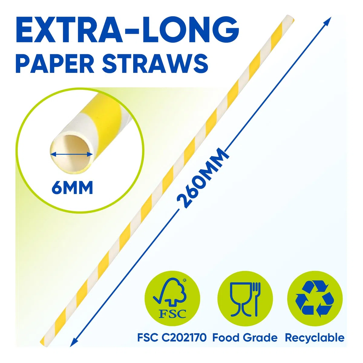 Pajitas de papel desechables a rayas amarillas y blancas - 26 x 0,6 cm, 100 unidades, para refrescos, jugos y botellas altas - 100% biodegradables