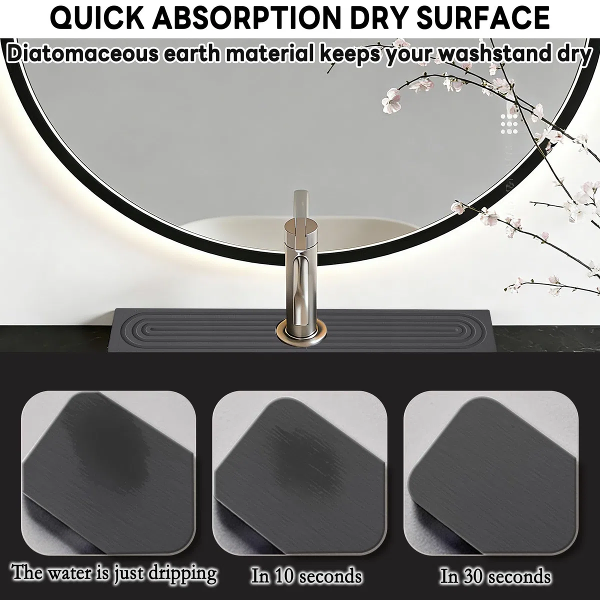 Absorbent Faucet Mat, Alfombrilla Grifo Cocina, Alfombrilla de Grifo de Diatomea-Tamaño Grande 60 x 10 cm, para Espacios Estrechos en Cocinas y Baños, Fácil de Limpiar y Duradera (Gris Oscuro)