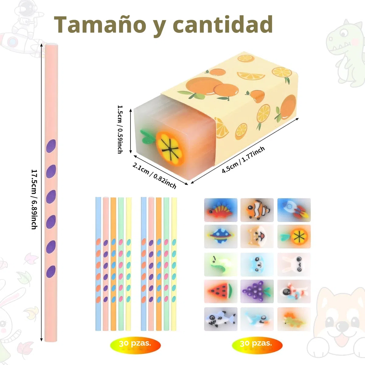 60 Piezas Regalos Cumpleaños Niños Colegio 30 Lápices Triangulares con 30 Gomas de Borrar Divertidos Detalles Cumpleaños Invitados