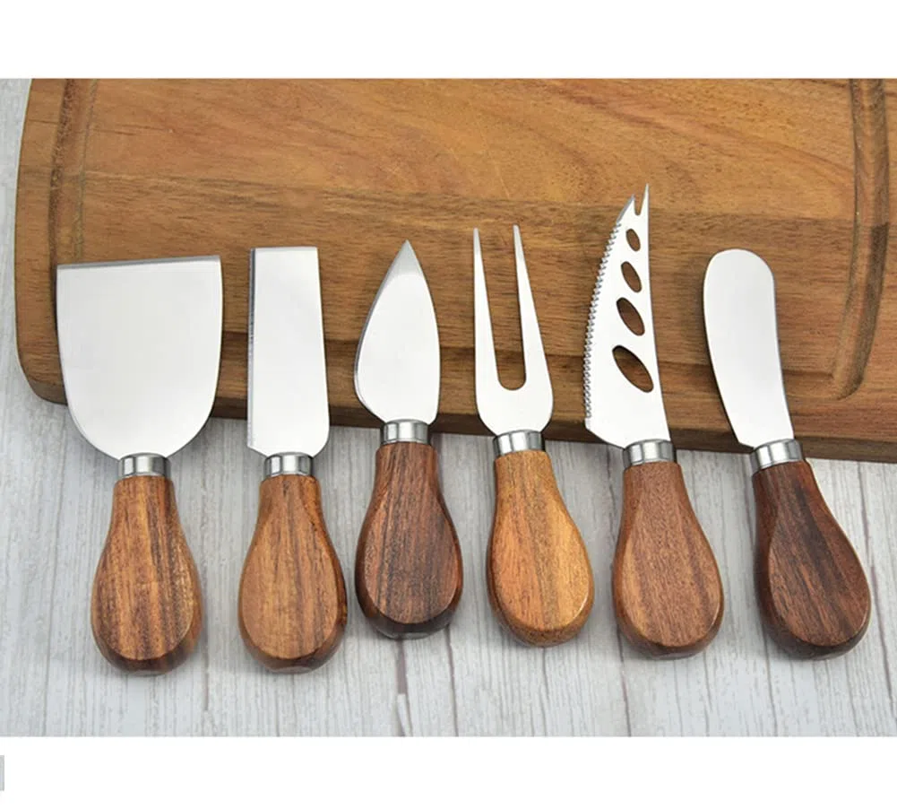 Lin's Wood Juego de 6 cuchillos de queso de acero inoxidable con caja de regalo.(mango de madera de acacia)