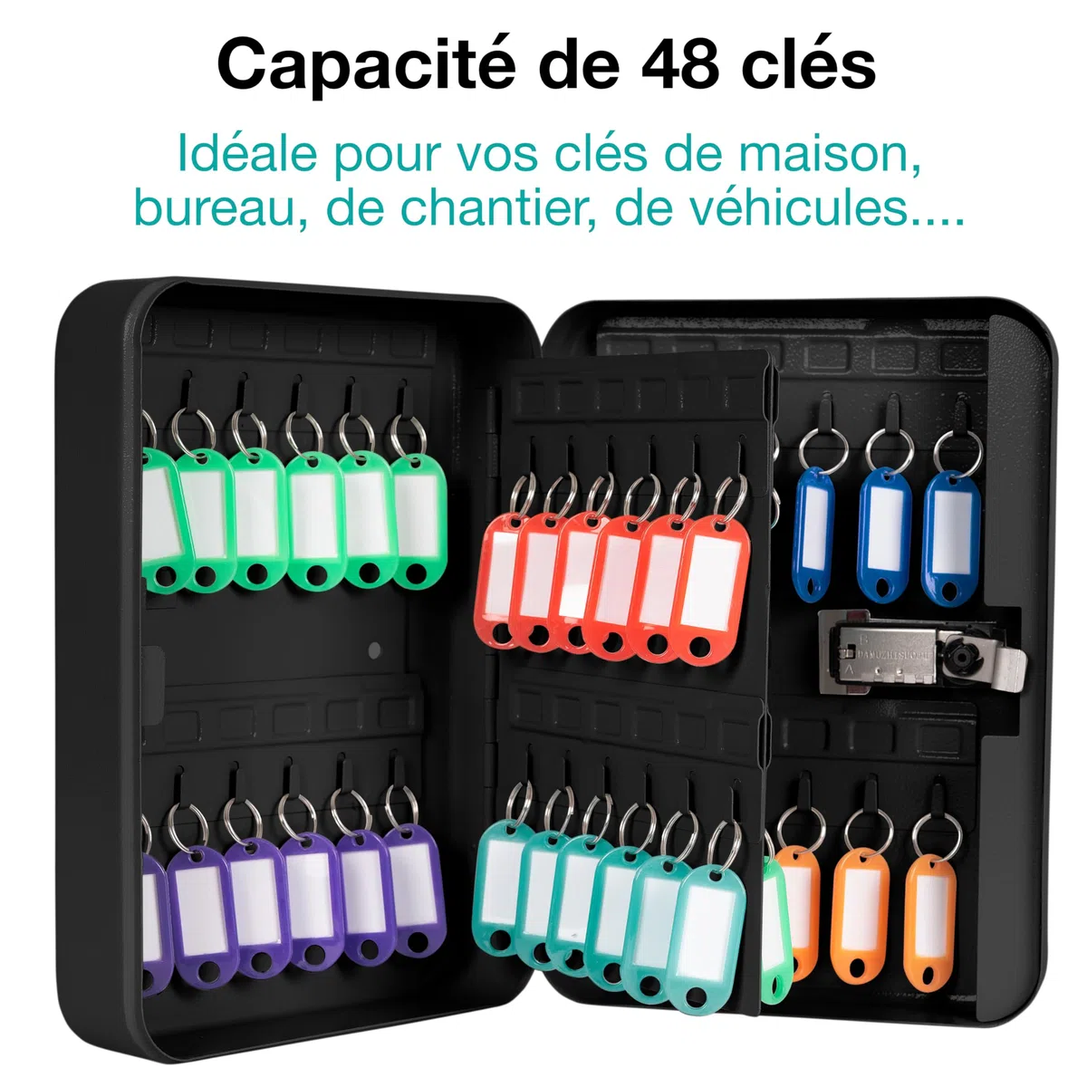 Caja para llaves de pared con código - 48 ganchos - Armario de llaves seguro - Para llaves de casa y coche - Con 48 llaveros de colores - Metal - Negro - BKY481