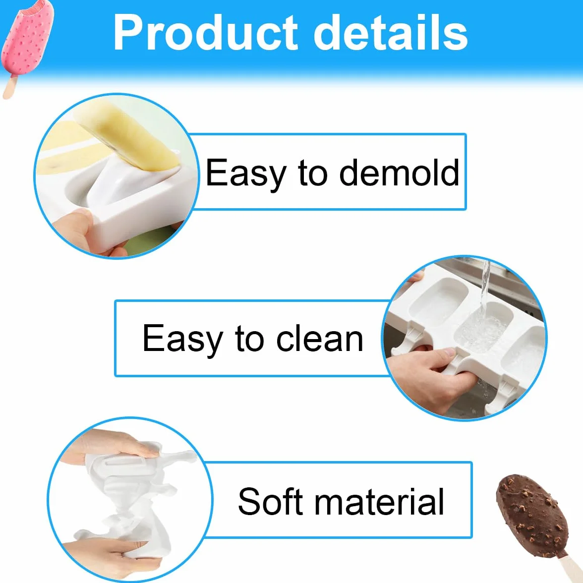 3 Juegos Moldes para palitos de helado, 4 cavidades de molde, Molde Helado Silicona sin BPA, Moldes Paletas, con 100 palitos, 100 bolsas OPP, 100 bridas para cables, 100 pegatinas