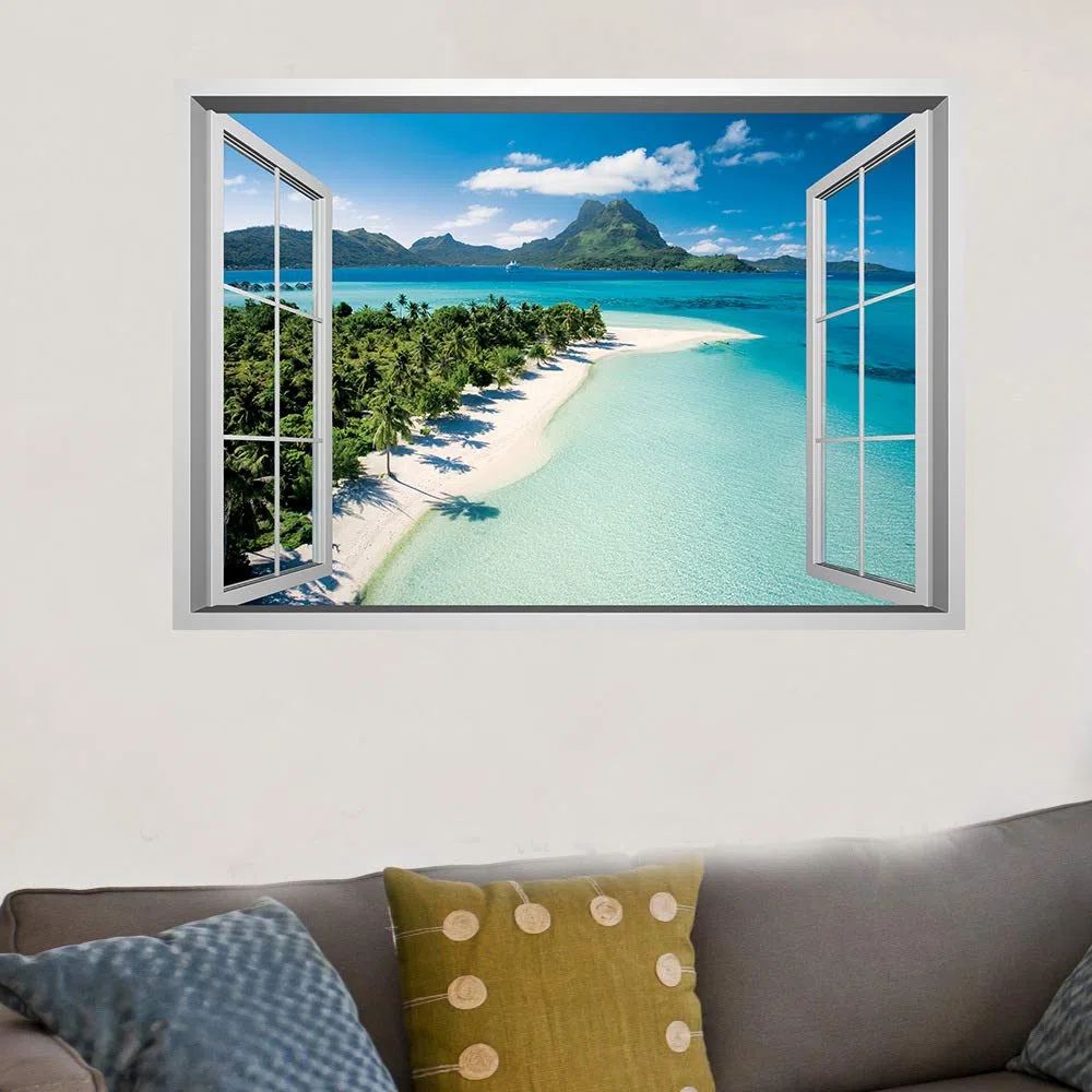 Lichi Pegatina de Pared 3D de Ventana Falsa de Escena de Playa en Isla, Vinilo Decorativo para Decoración del Hogar