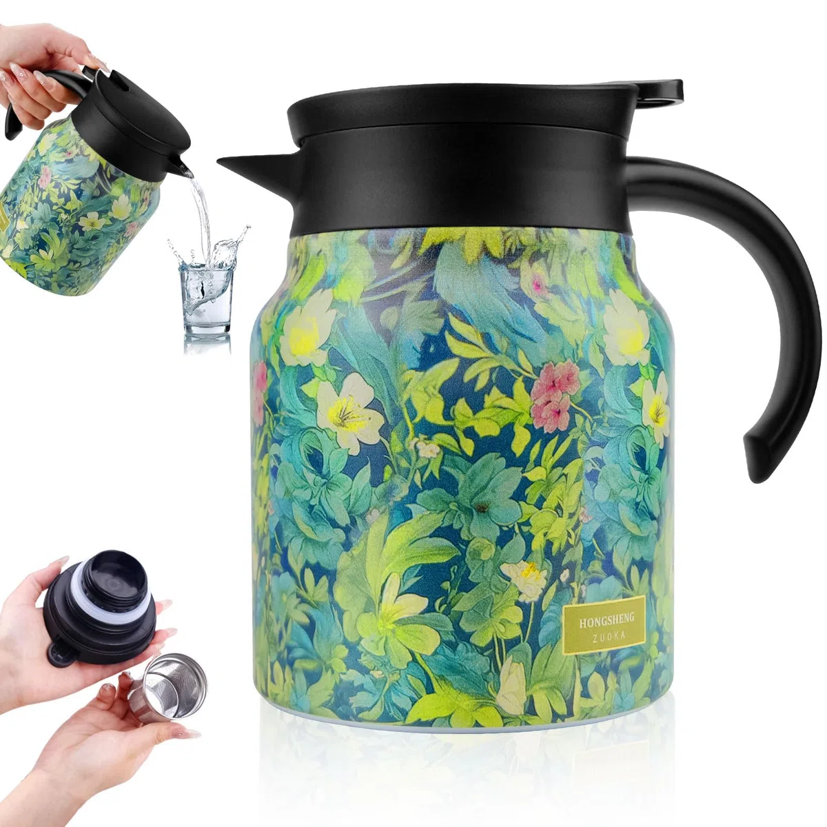 Termo vintage con estampado floral de 1000 ml y colador, jarra térmica de acero inoxidable 316, tetera aislada para cocina, hogar y apartamento
