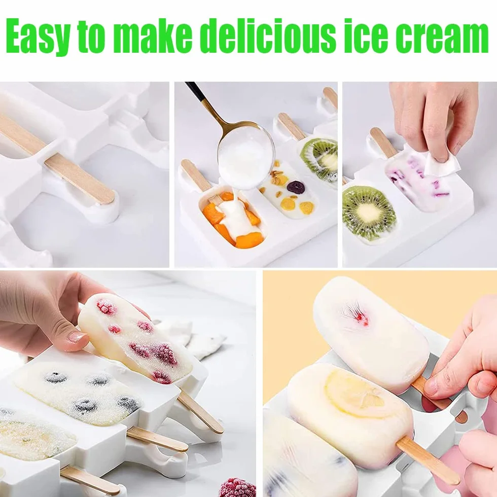 Moldes de Helado, 3 Pack Molde de Helado de Silicona con 100 Palos Madera, 100 bolsas de embalaje, 100 ligamentos, 100 etiqueta,sin BPA, Para postres helados o chocolates caseros (C)