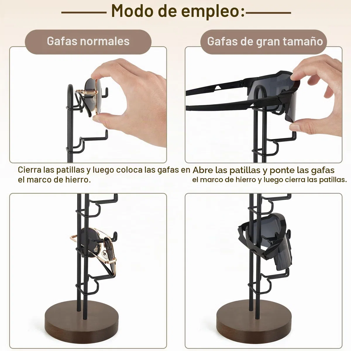 Mkono Organizador de gafas de sol, soporte para gafas de sol, soporte de almacenamiento de gafas de sol, marco de metal con base de madera para 5 pares de gafas para mesa, escritorio, encimera,