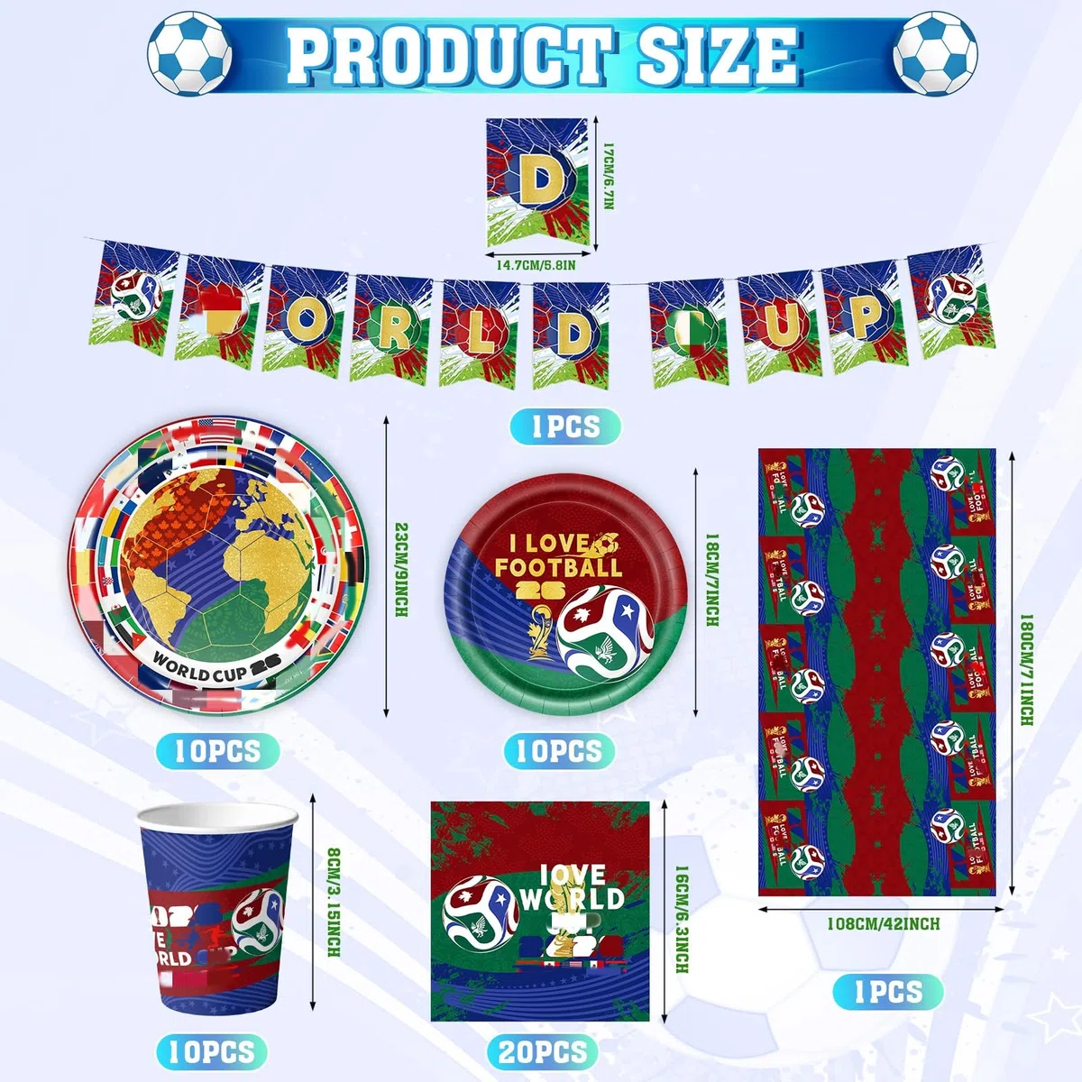 52pcs WM 2026 Juego de Vajilla para Fiesta de Fútbol, Fútbol Party Tableware Set para Cumpleaños Incluye Platos Vasos Servilletas Mantel y Pancarta, para Cumpleaños de Fútbol 10 Invitados